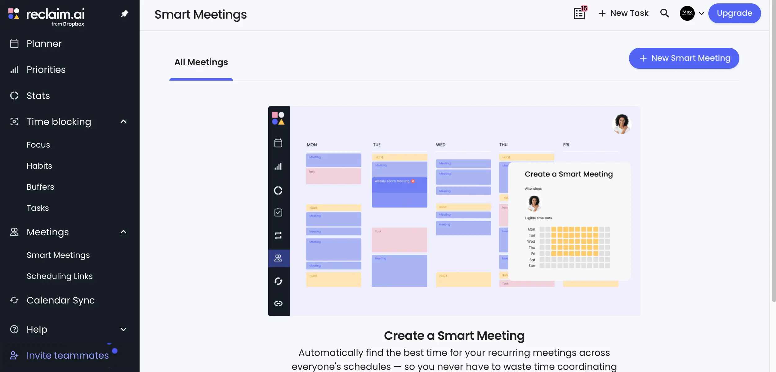 Reclaim AI Smart Meetings screen with the New Smart Meeting setup showing attendees and eligible time slots