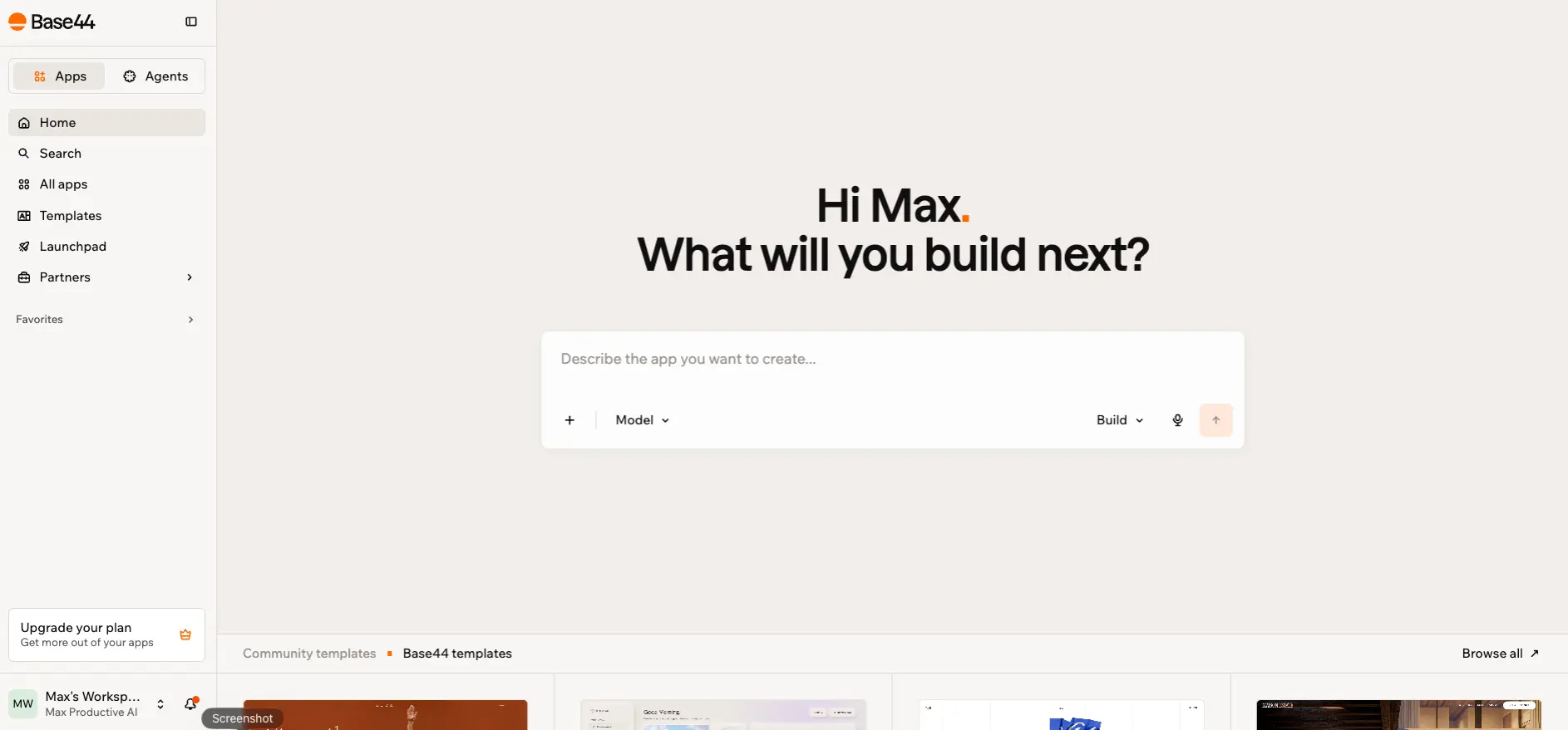Base44 AI app builder dashboard from our own account