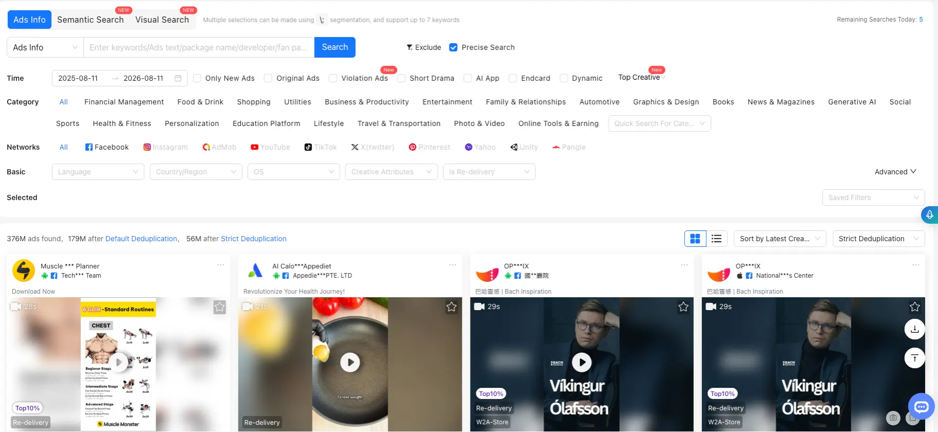 BigSpy ad database search with network filters and deduplicated ad counts
