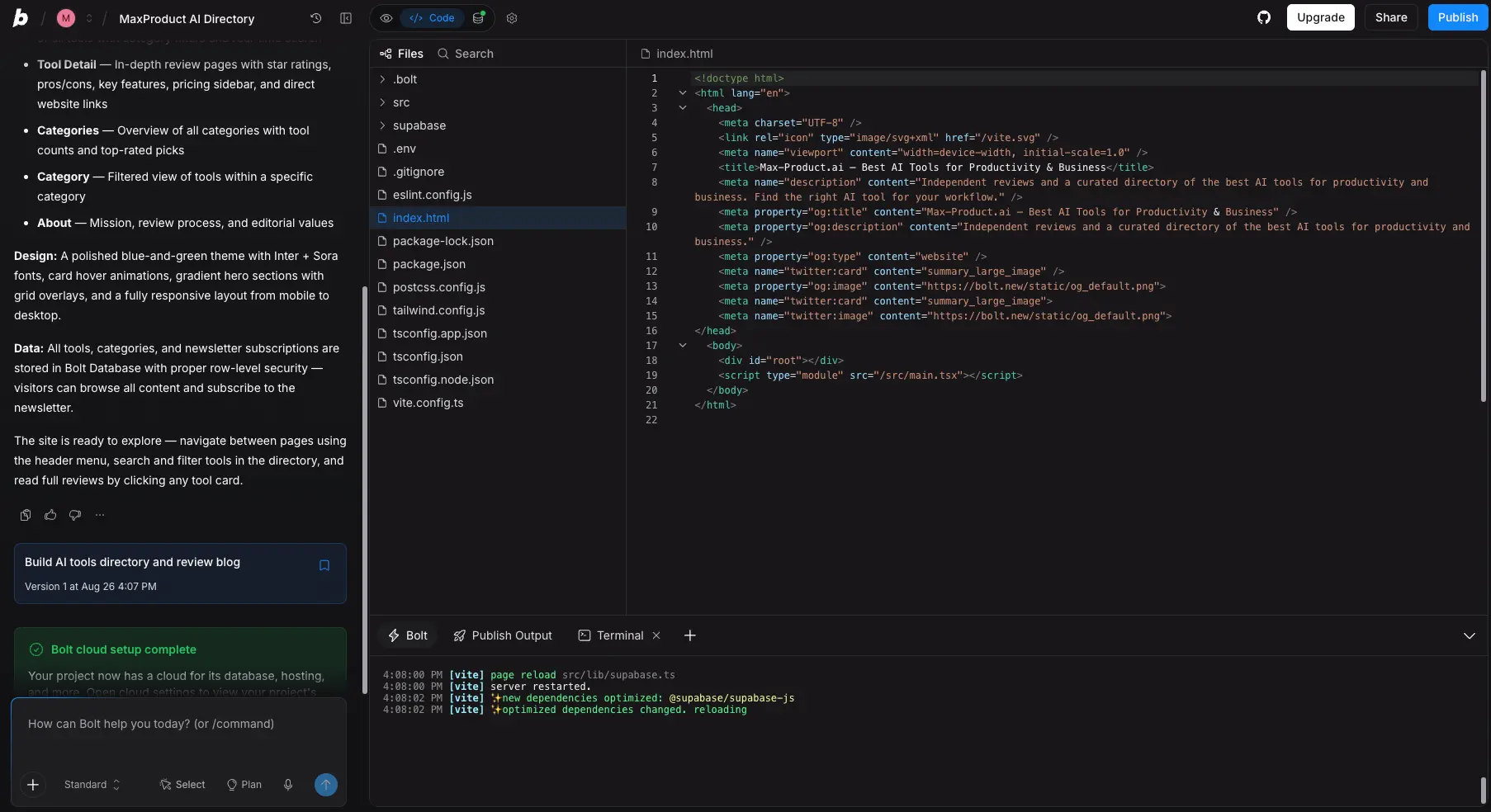 Bolt.new code editor interface showing project file tree, index.html source and live Vite terminal output