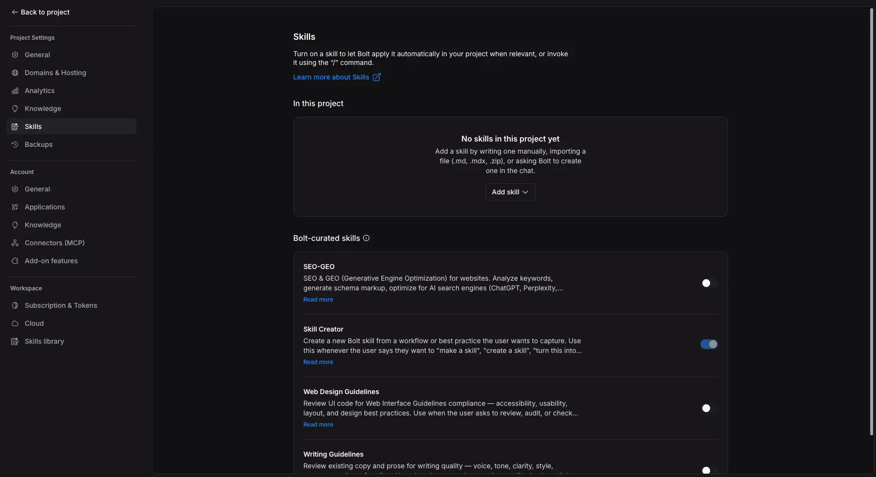 Bolt.new skills settings panel with SEO-GEO, Skill Creator, Web Design Guidelines and Writing Guidelines toggles