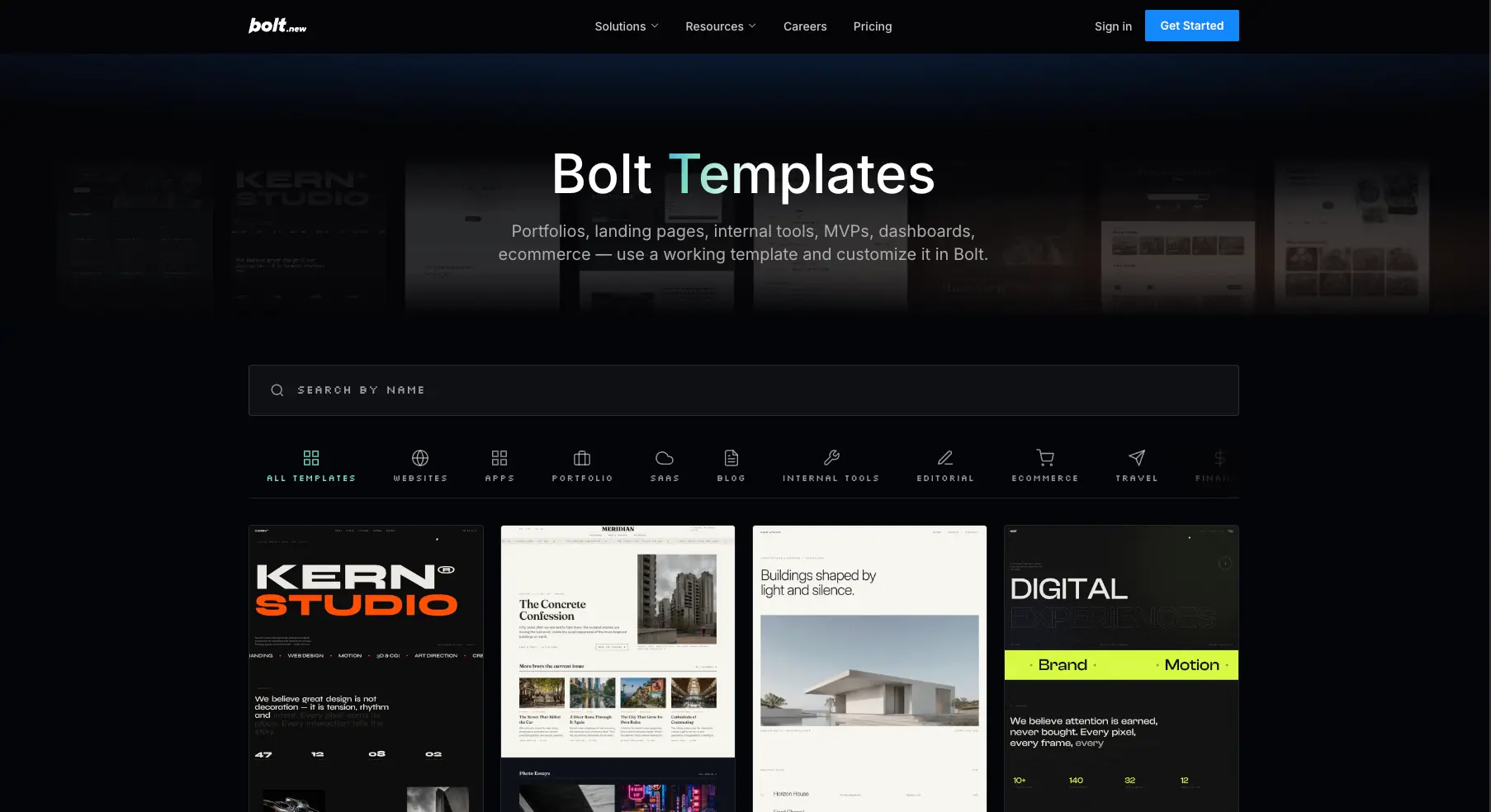 Bolt.new templates gallery showing categories for websites, apps, SaaS, blogs, internal tools and ecommerce