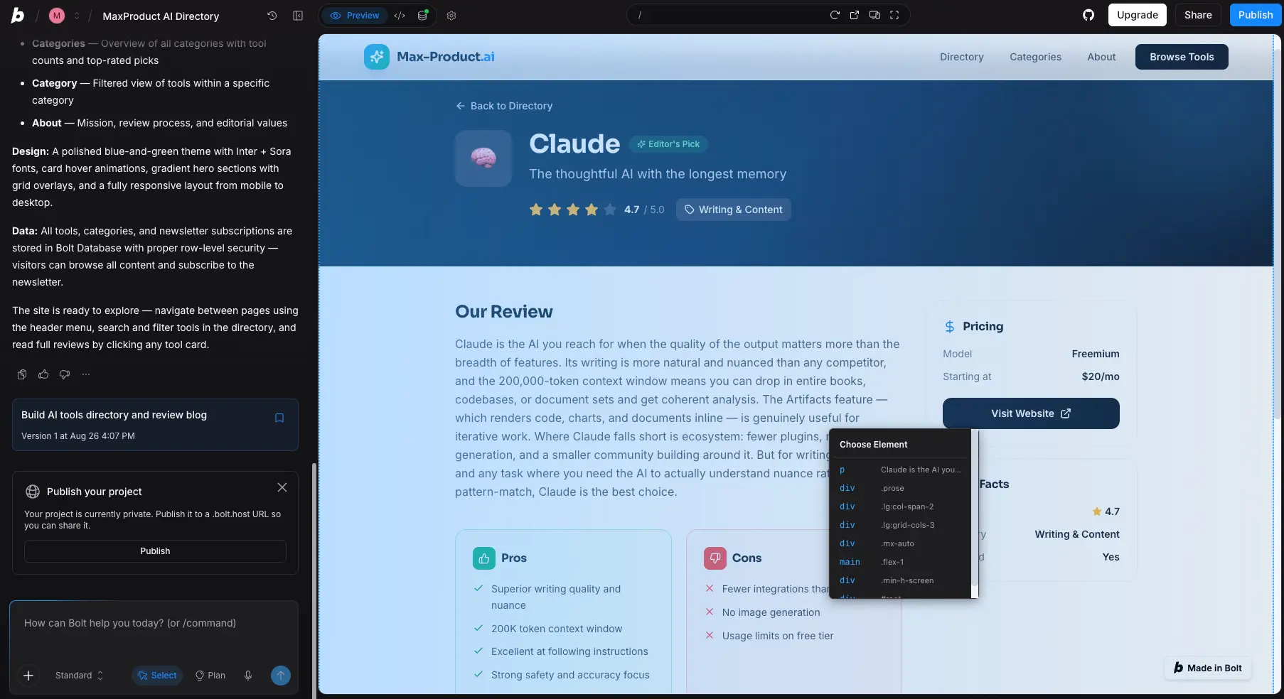 Bolt.new element selector targeting components on a generated tool review page with publish option