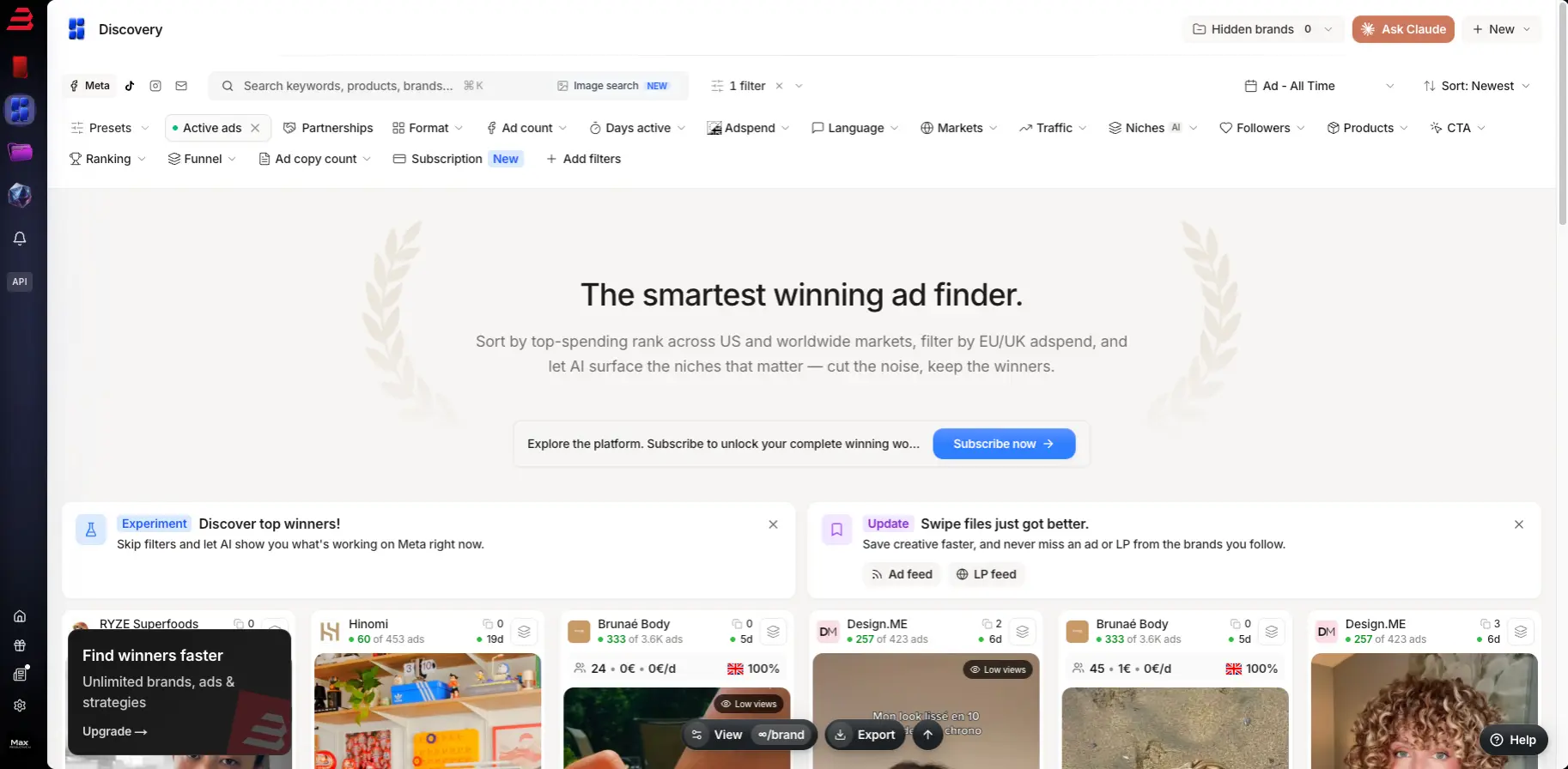 Brandsearch Discovery winning ads finder with Meta and TikTok filters, ad spend data, and competitor tracking