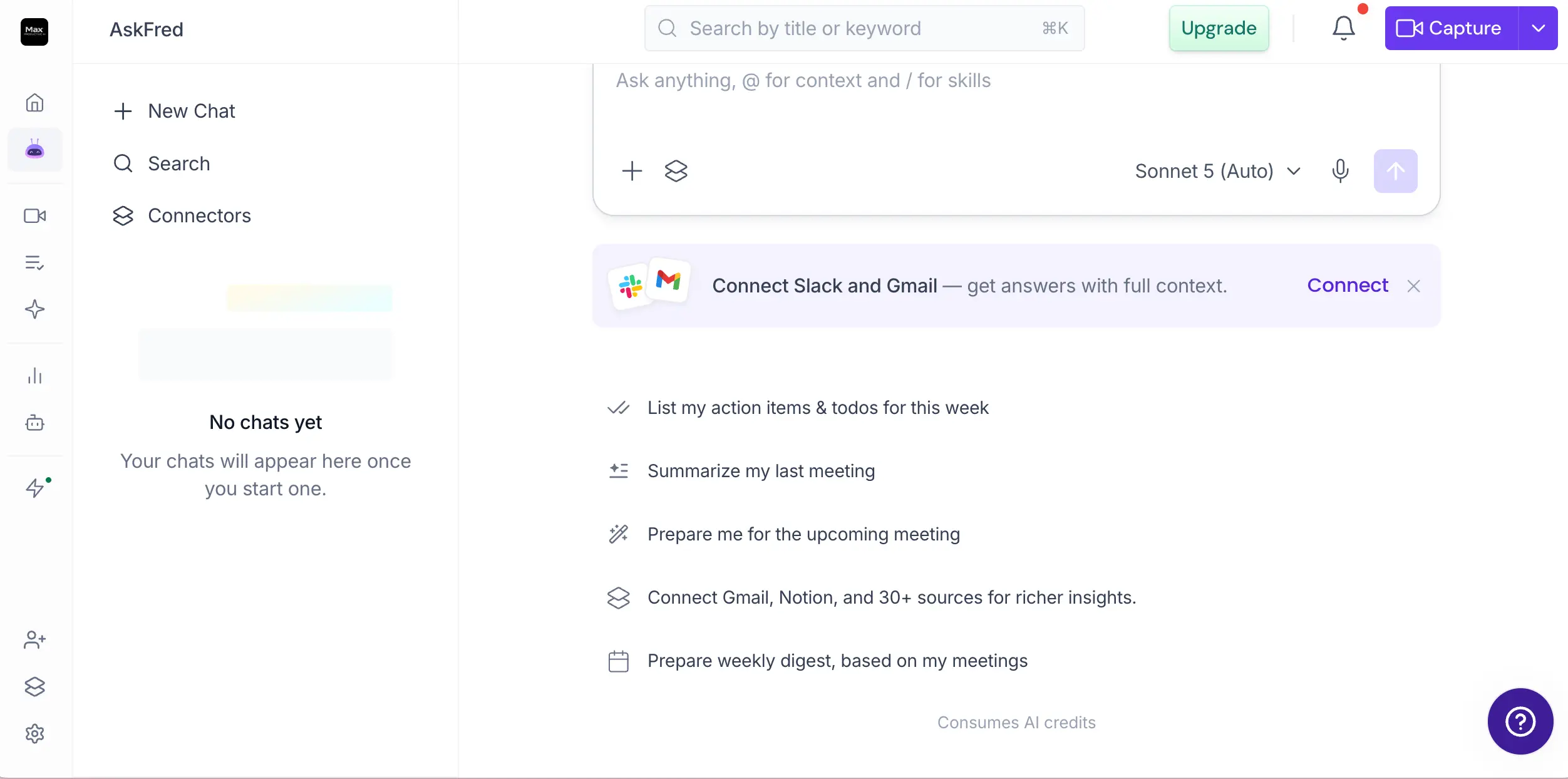 AskFred AI assistant in Fireflies.ai with suggested prompts and source connectors