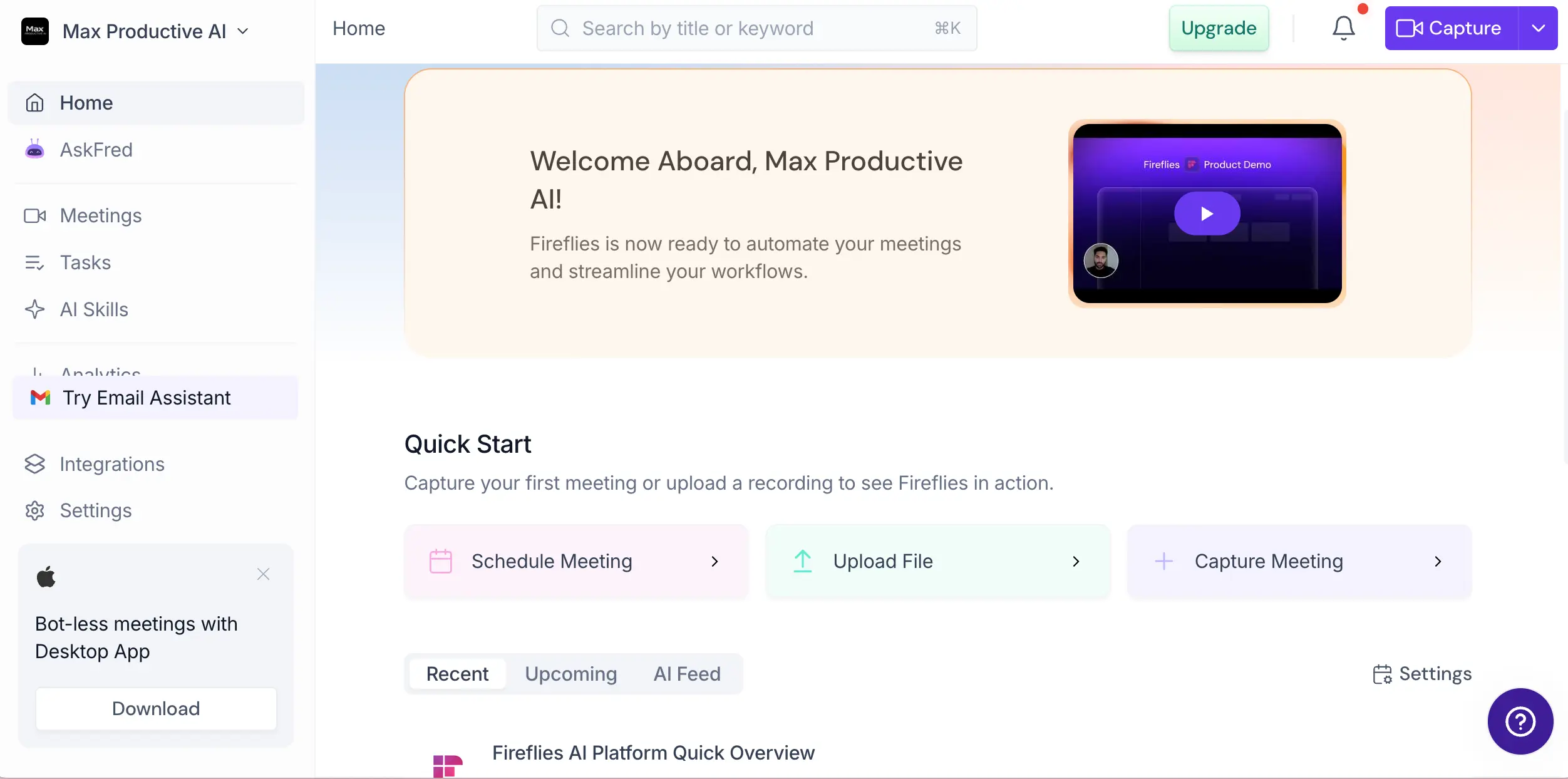 Fireflies.ai home dashboard with Quick Start options to schedule, upload, or capture a meeting
