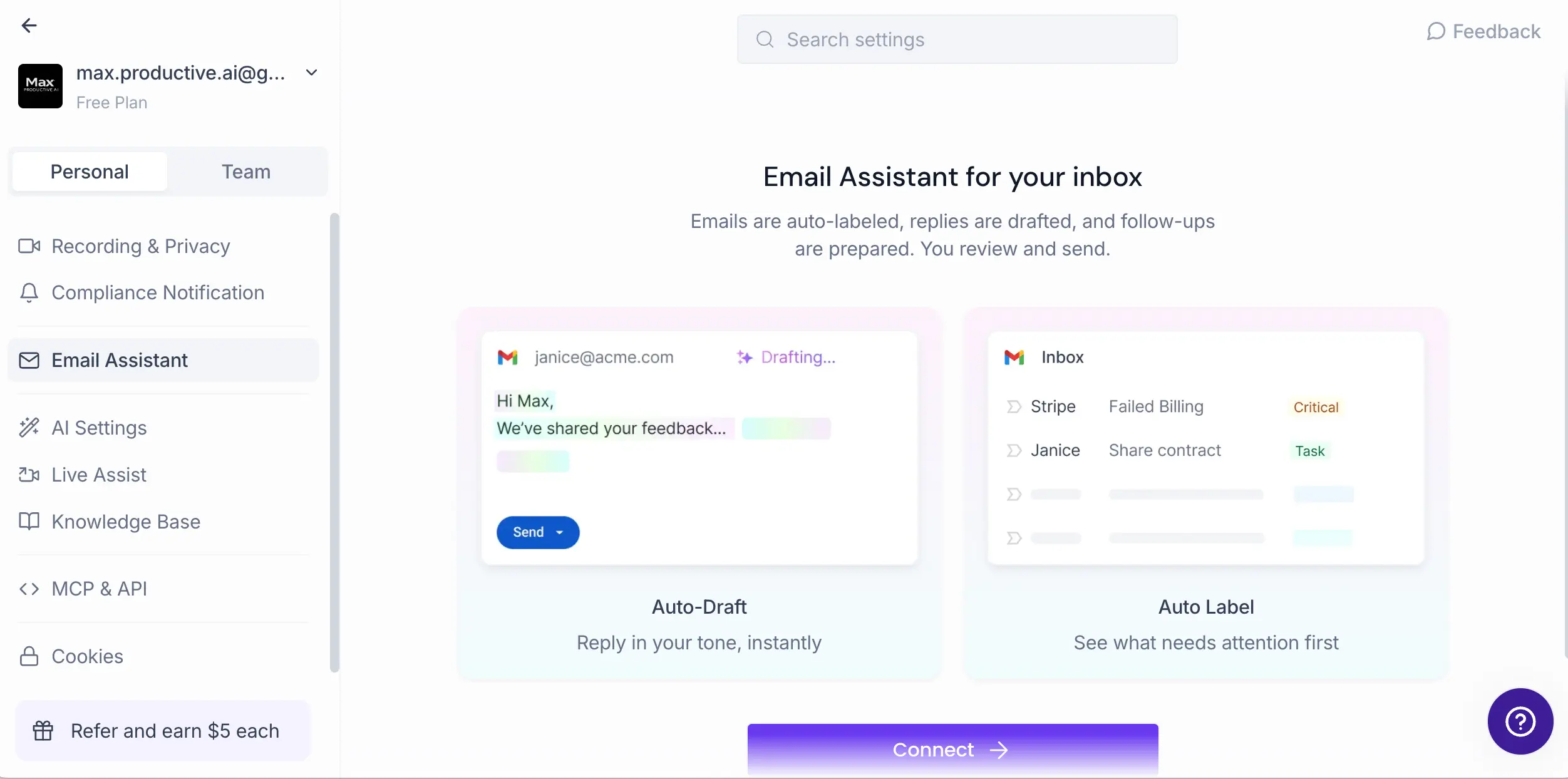 Fireflies.ai Email Assistant settings showing auto-draft replies and inbox auto-labels
