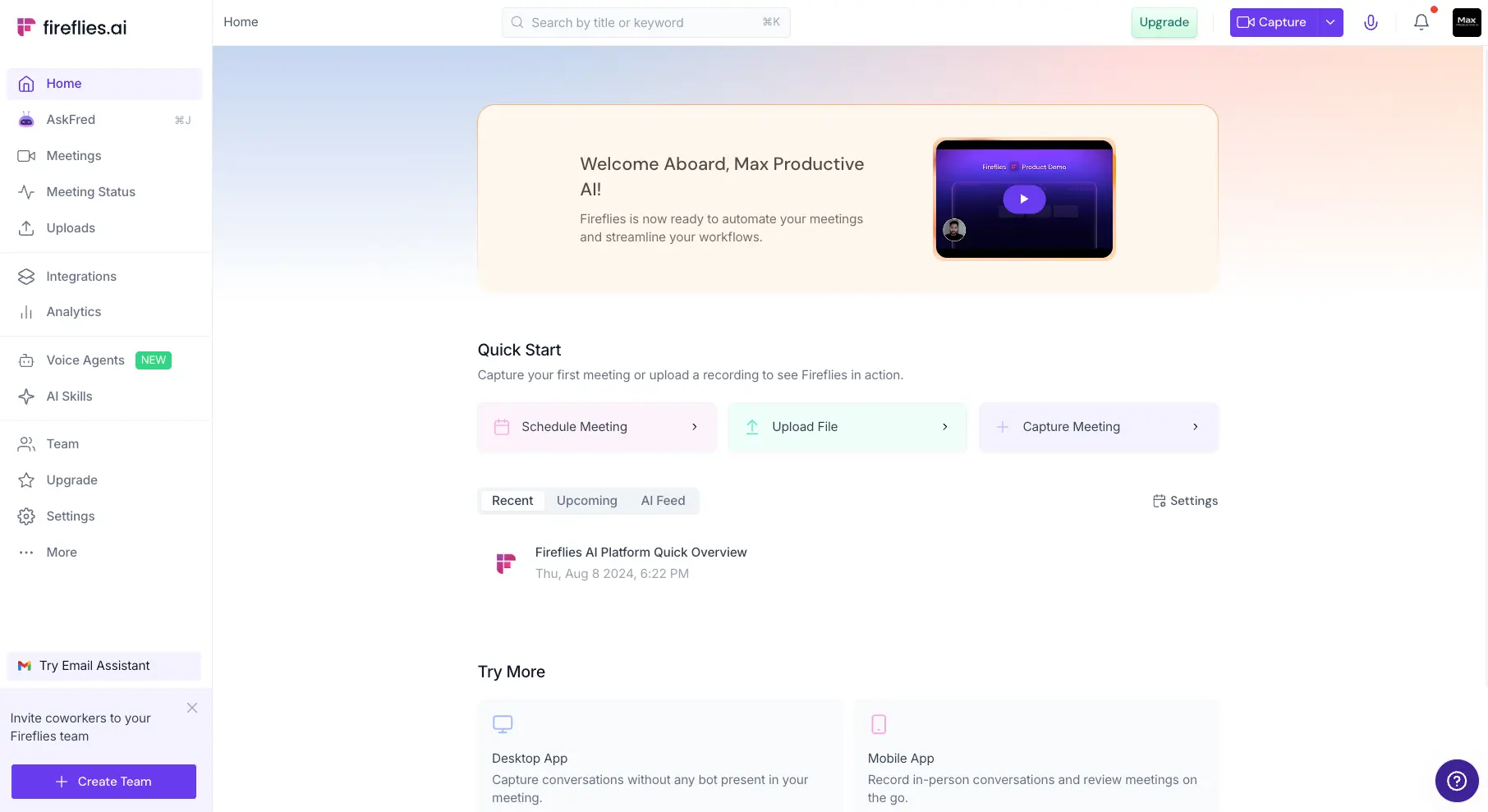 Fireflies AI dashboard from our own account showing meeting capture and upload options