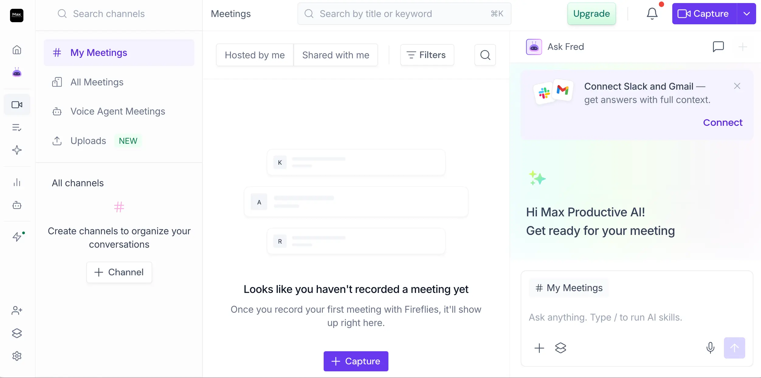 Fireflies.ai meetings dashboard with channels and the Ask Fred assistant panel