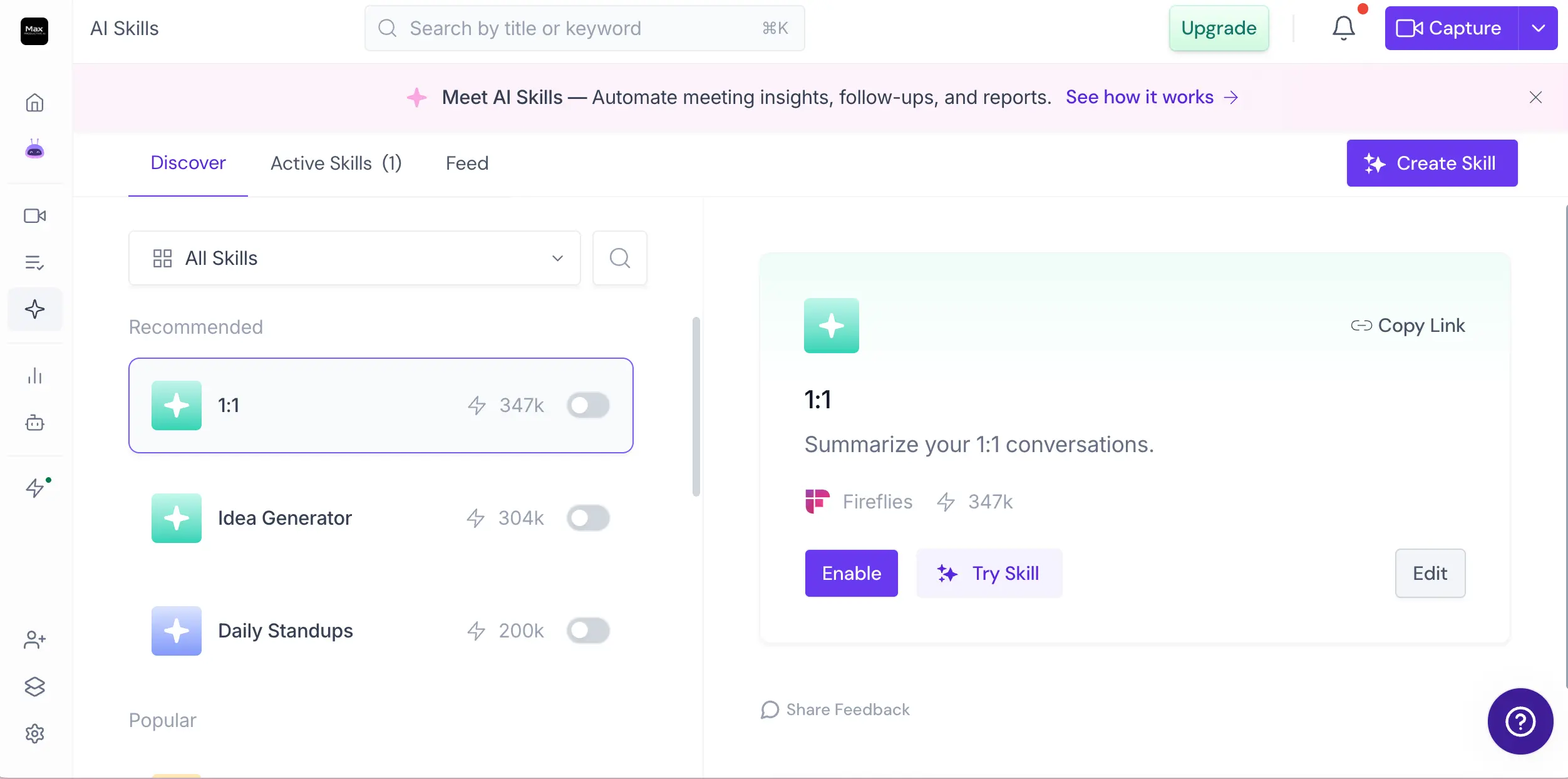 Fireflies.ai AI Skills library with recommended automations and activation counts