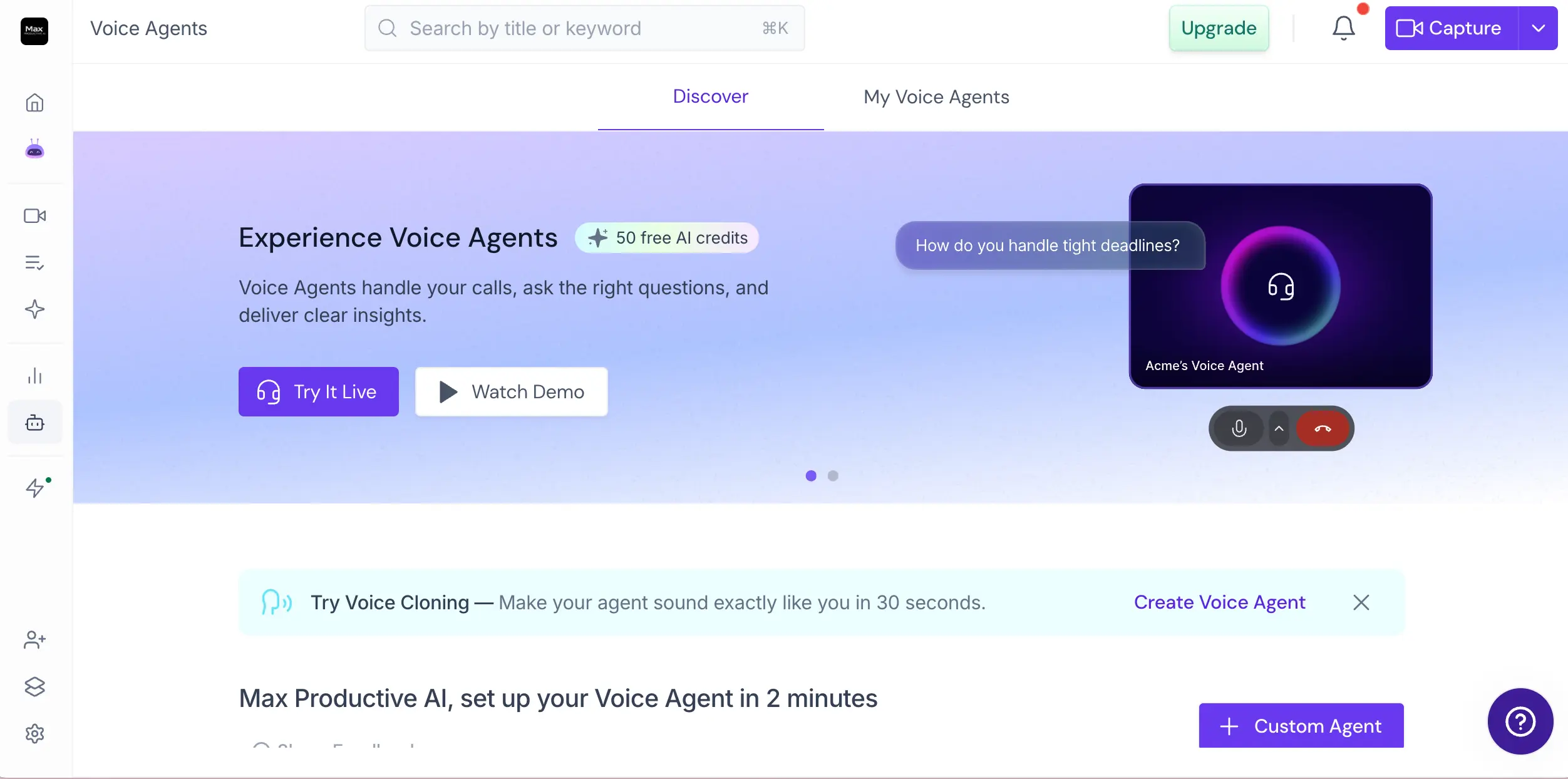 Fireflies.ai Voice Agents page with live demo, voice cloning, and free AI credits