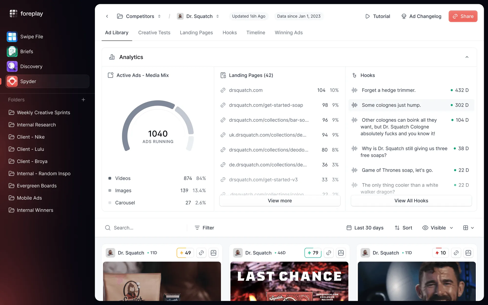 Foreplay Spyder competitor tracking dashboard showing active ads, landing pages, and hooks for a tracked brand