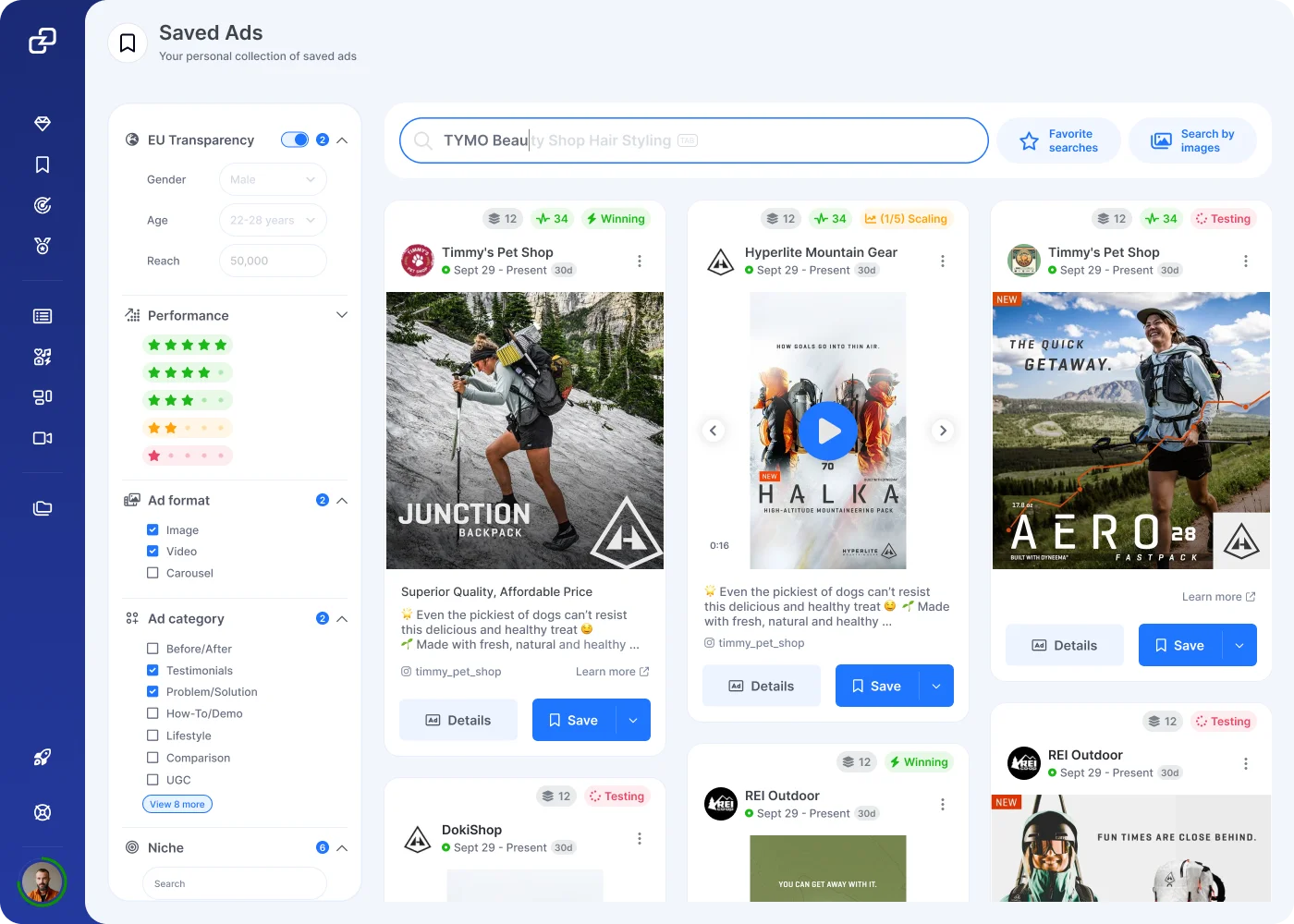 Gethookd saved ads swipe file with EU transparency, performance, and ad format filters