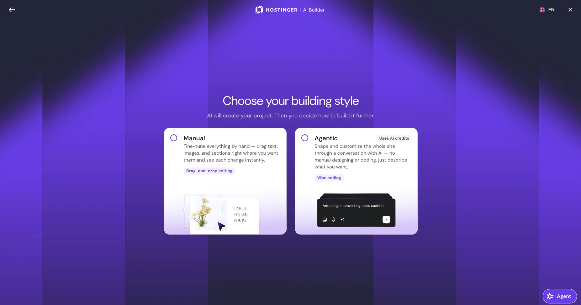 Hostinger AI Builder choose your building style screen with manual and agentic modes