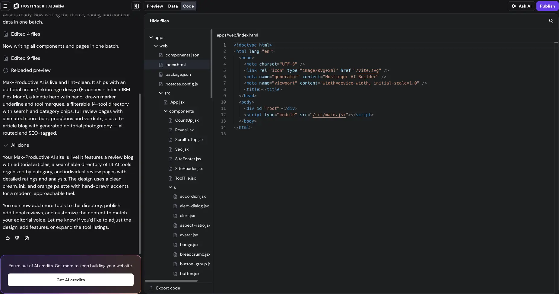 Hostinger AI Builder code editor showing the generated project file tree and export code option