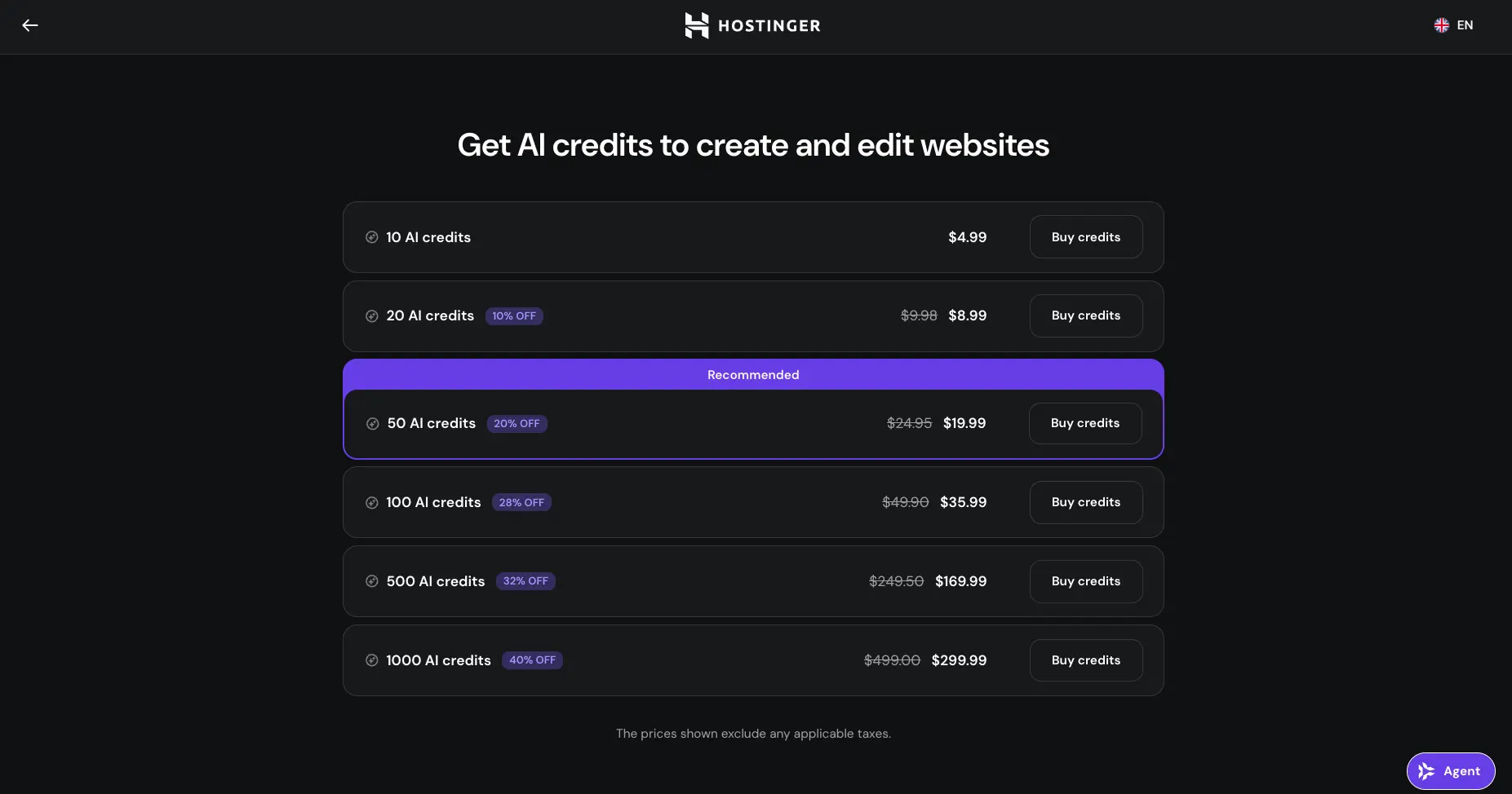 Hostinger AI credits pricing from 10 credits for $4.99 to 1,000 credits for $299.99