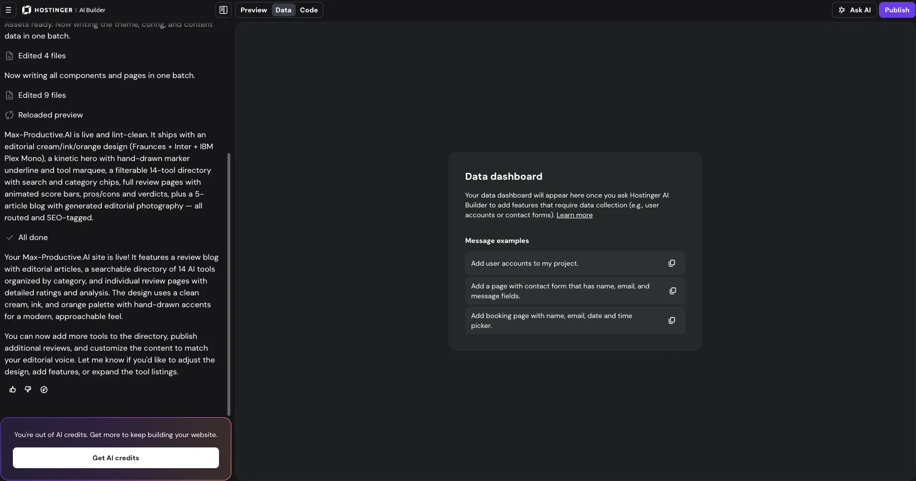Hostinger AI Builder data dashboard for user accounts, contact forms, and booking pages