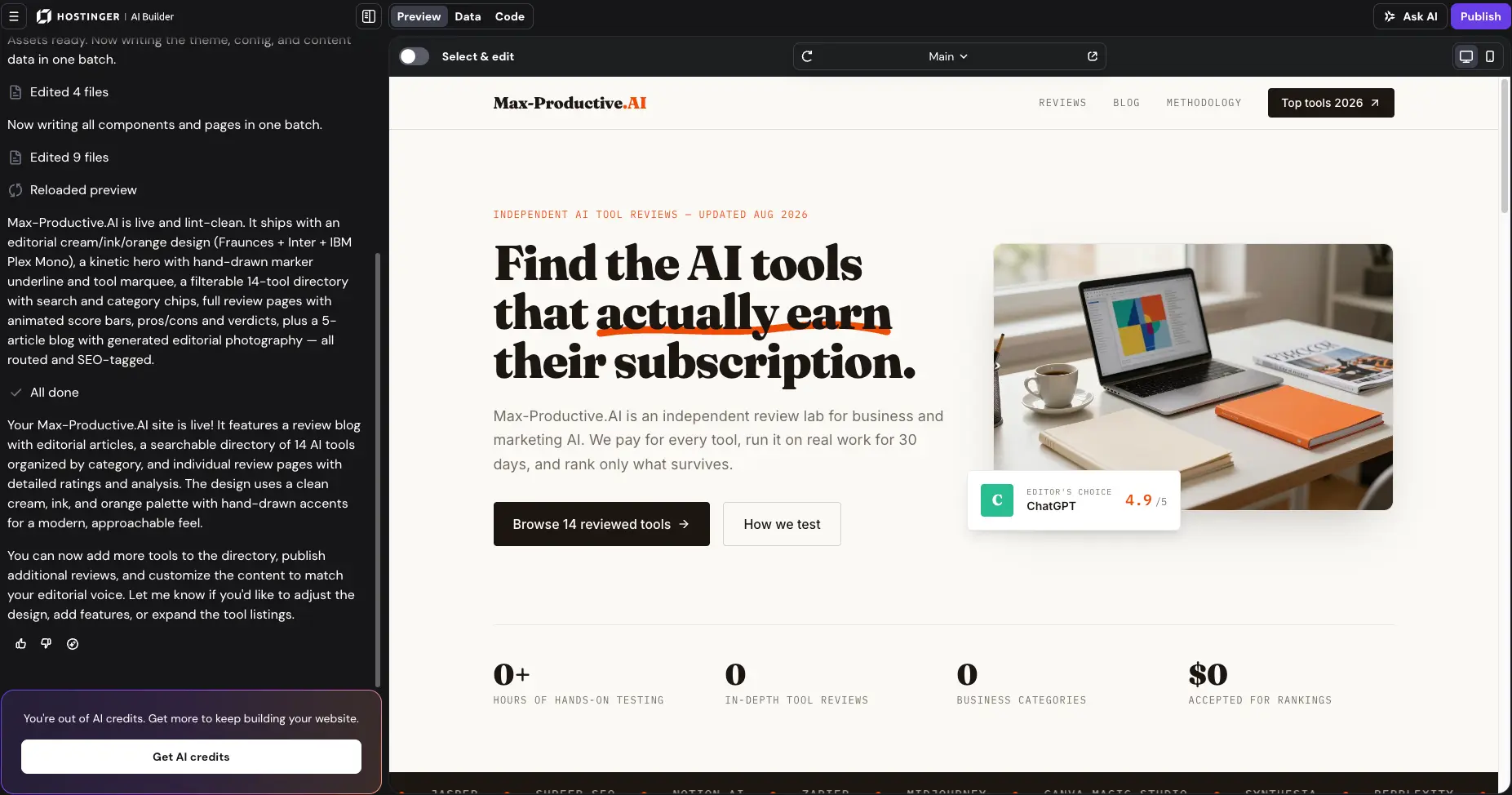 Hostinger AI Builder preview of a generated review directory website with hero section and navigation