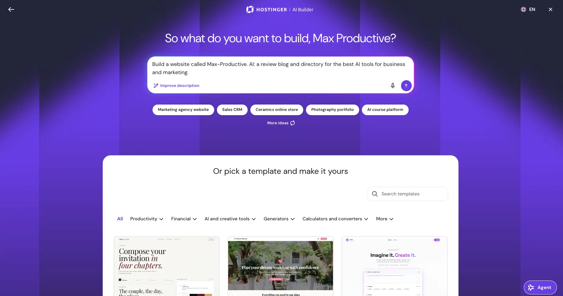 Hostinger AI Builder start screen with prompt box, improve description button, and template gallery