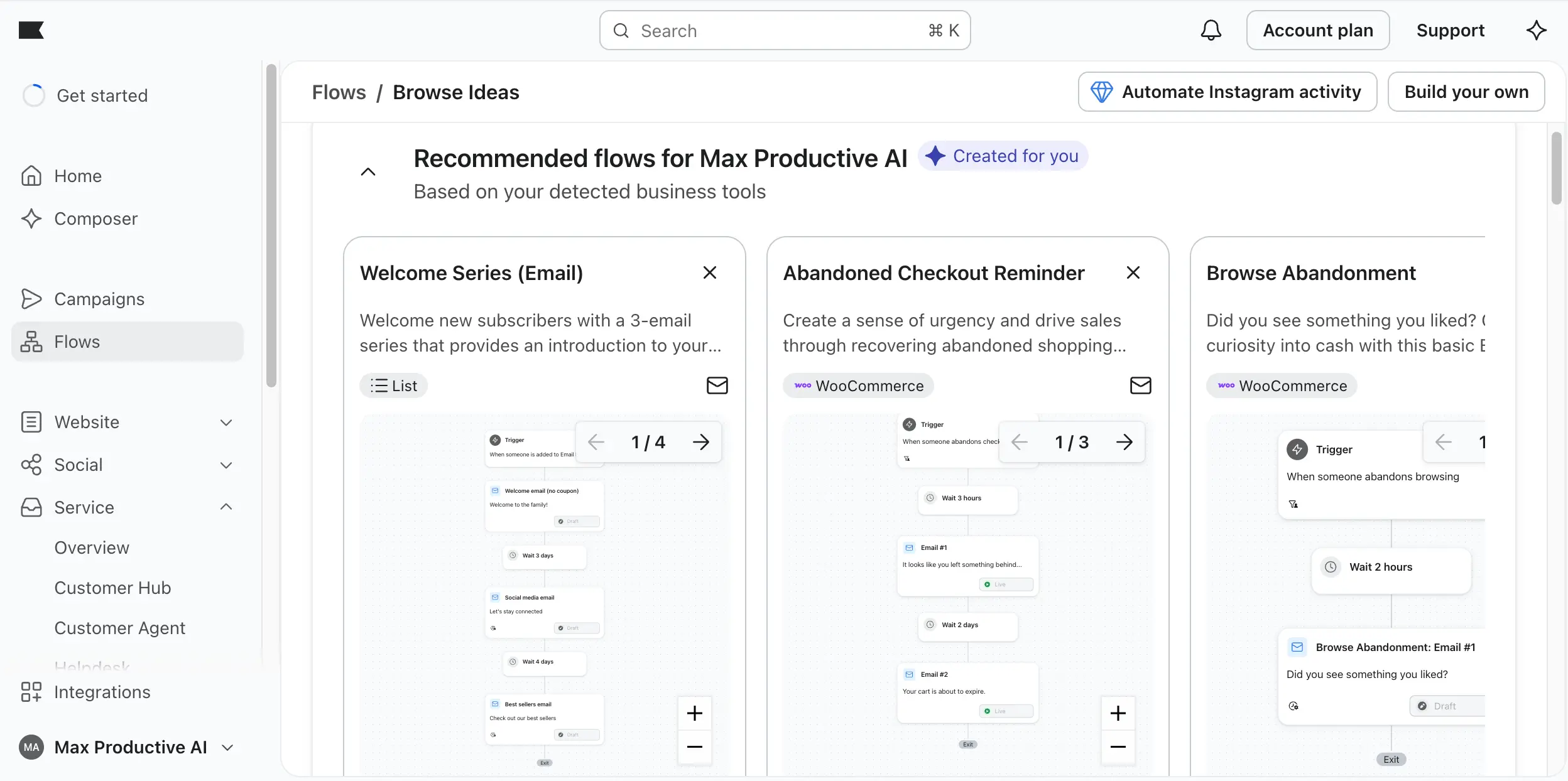 Klaviyo flow ideas library recommending welcome series, abandoned checkout, and browse abandonment automations