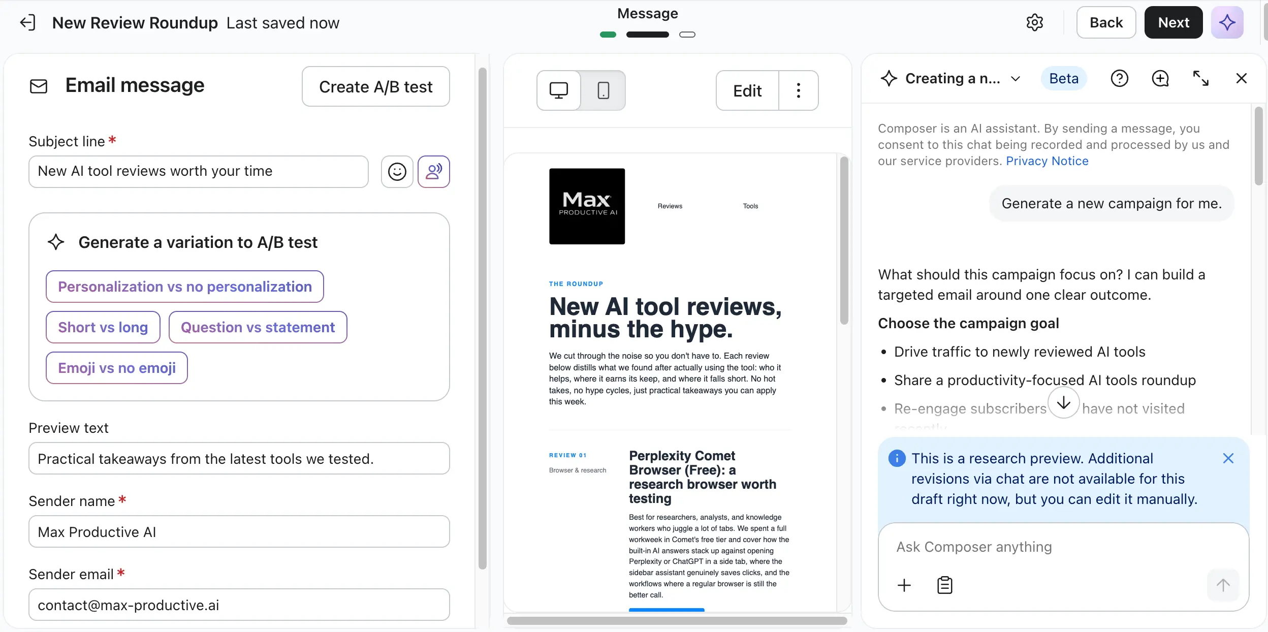 Klaviyo Composer AI assistant generating a campaign inside the email editor