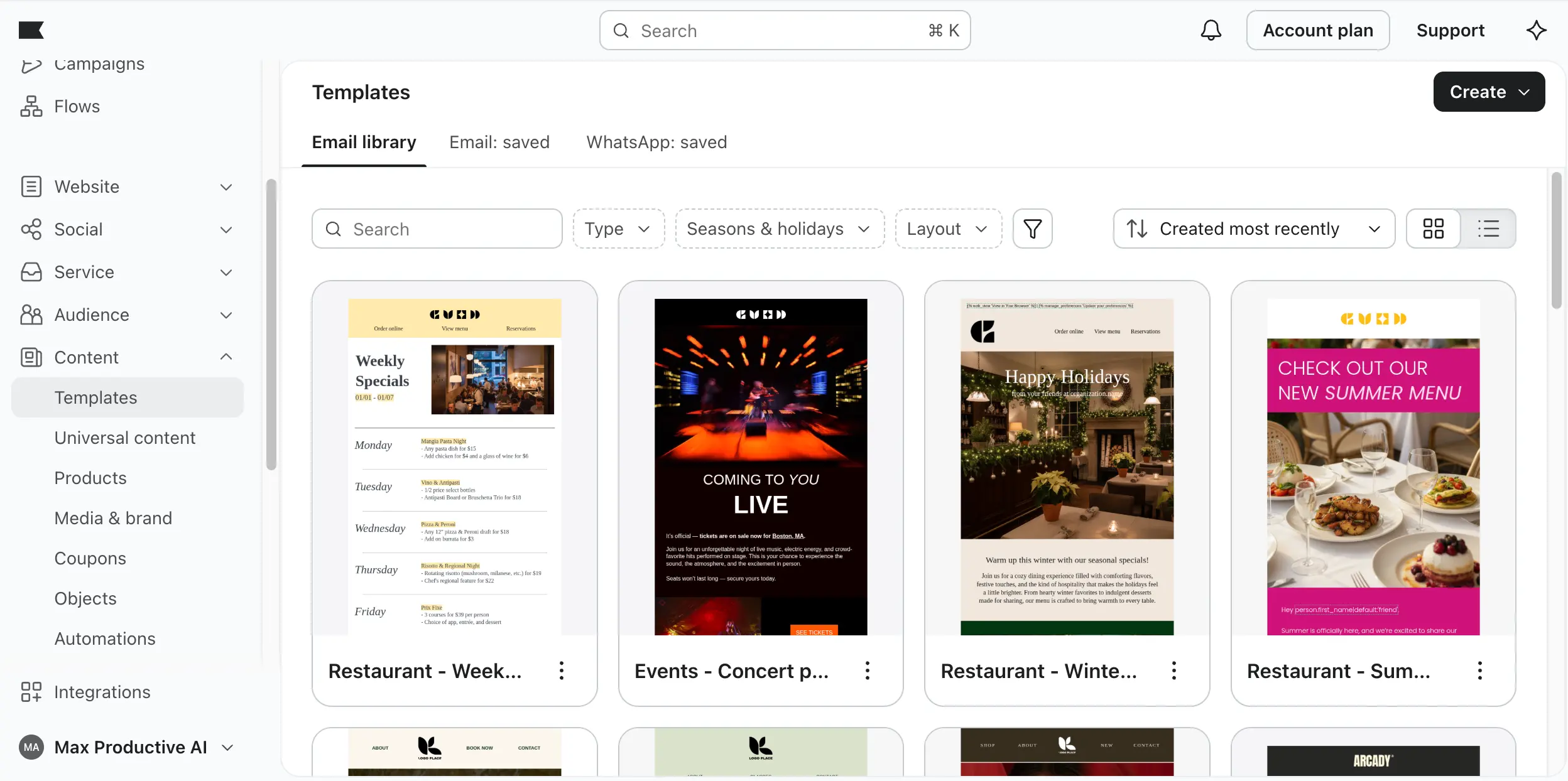 Klaviyo email template library with seasonal and industry filters