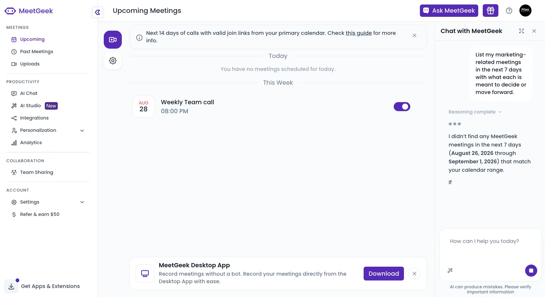 MeetGeek AI meeting assistant dashboard from our own account with upcoming meetings and chat
