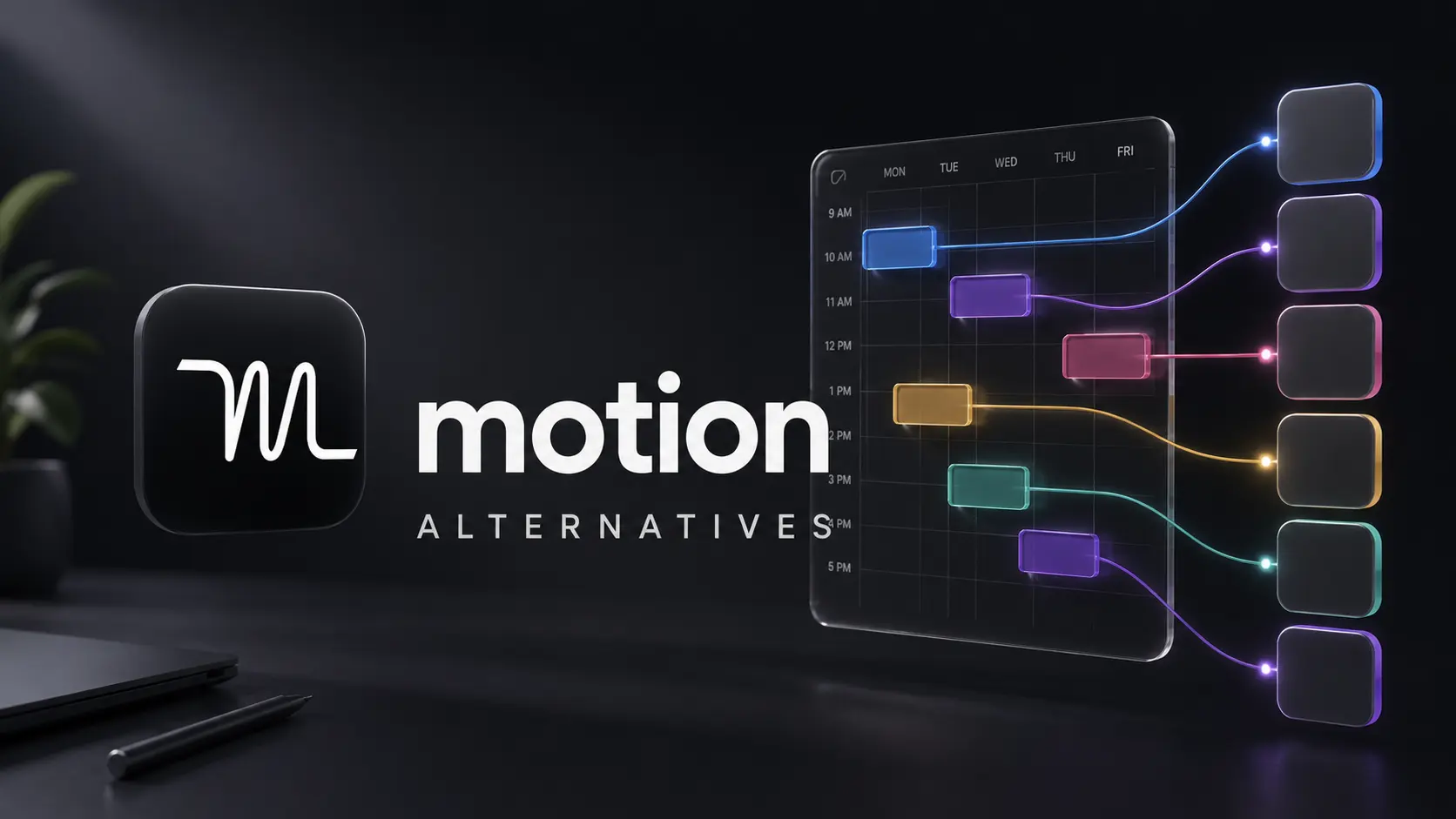 Motion alternatives compared: AI calendar and scheduling apps shown as time blocks moving between app cards