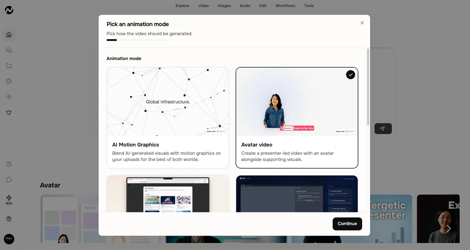 ngram AI animation mode selection with AI Motion Graphics, Avatar video, and guided screencast options