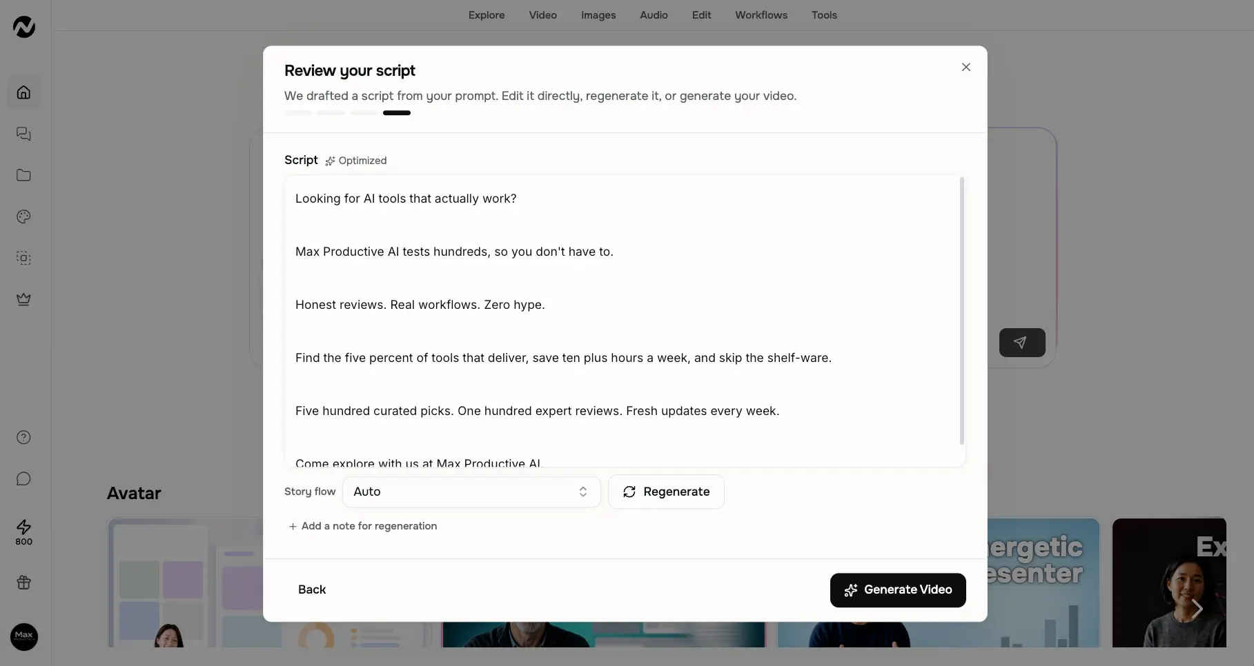 ngram AI script review step with editable AI-drafted script, story flow control, and regenerate option