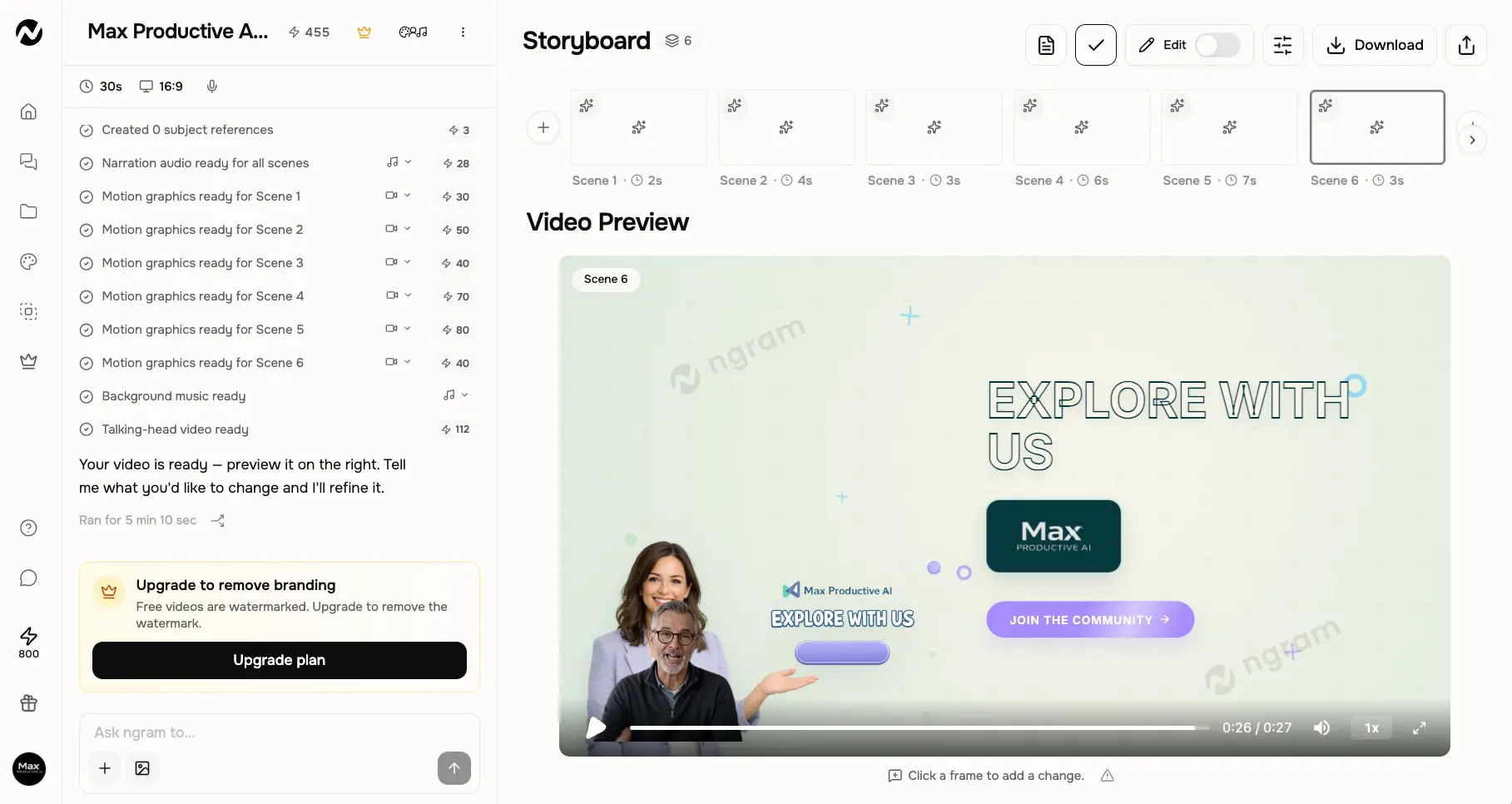 ngram AI storyboard and video preview showing six scenes, per-scene credit costs, and a finished branded video