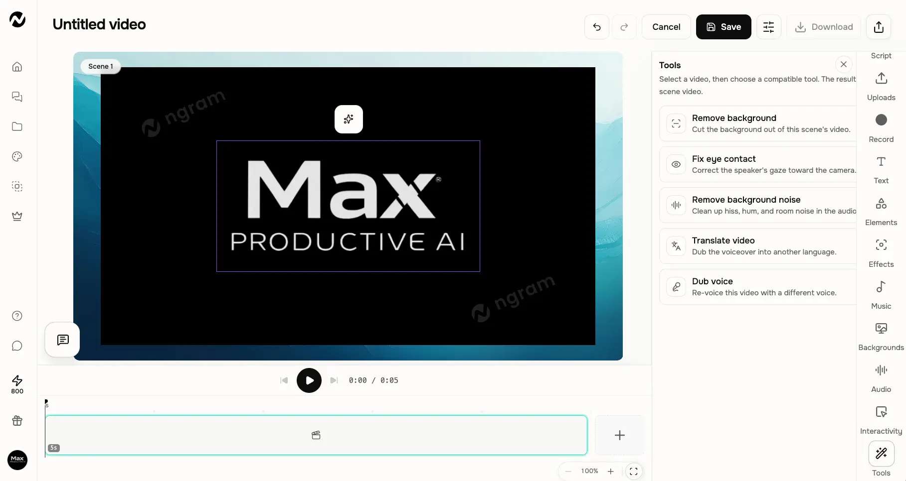 ngram AI video editor tools panel with remove background, fix eye contact, noise removal, translate, and dub voice options