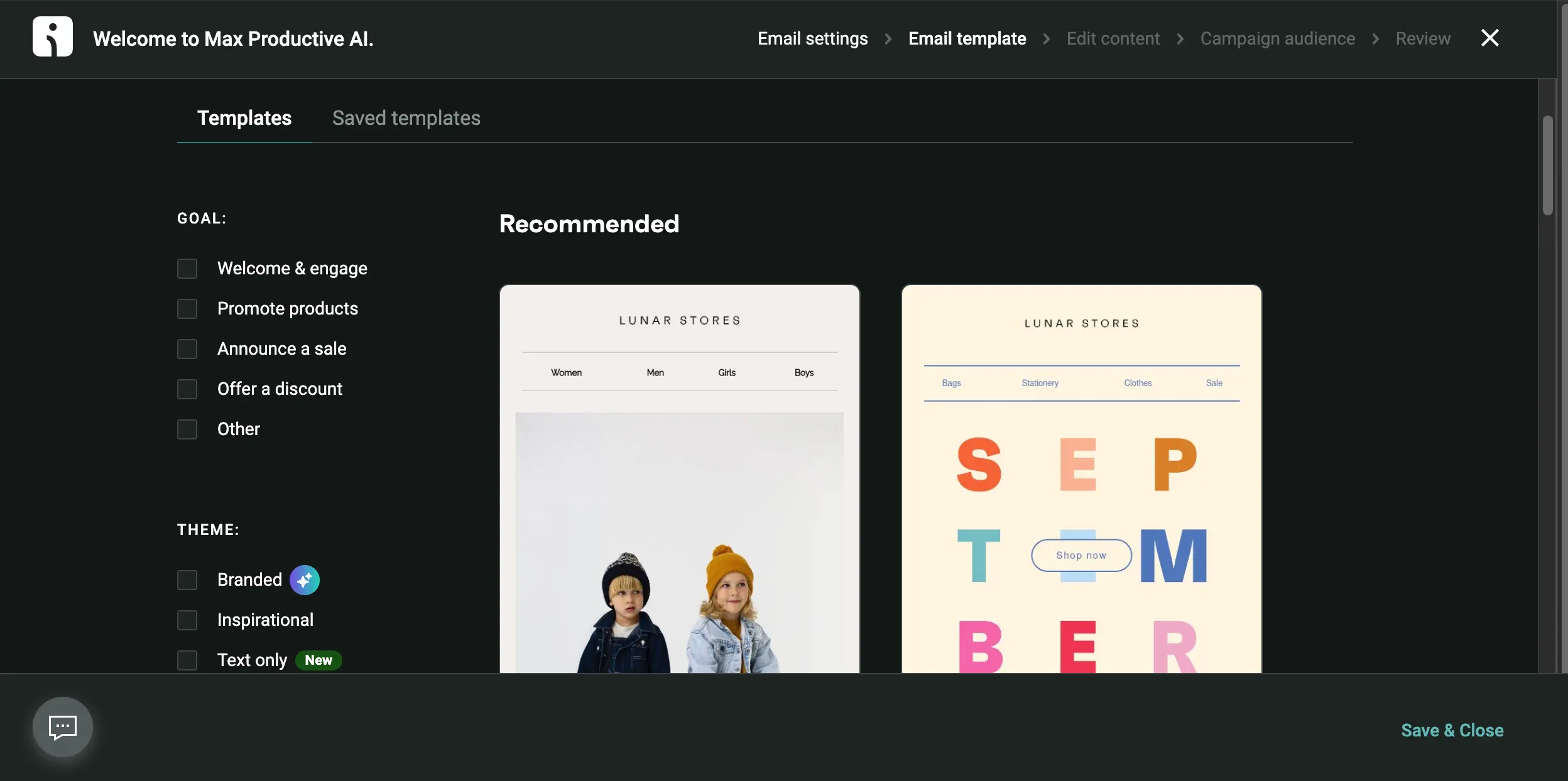 Omnisend email template gallery filtered by campaign goal and theme