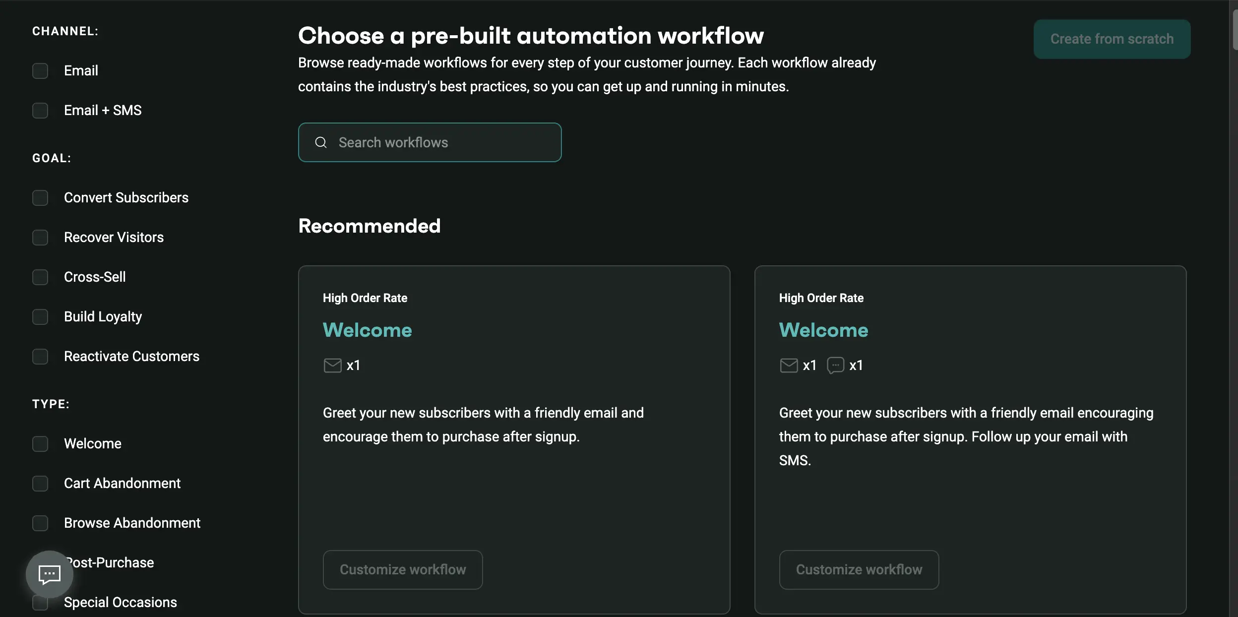 Omnisend pre-built automation workflow library with welcome, cart abandonment, and email plus SMS recipes