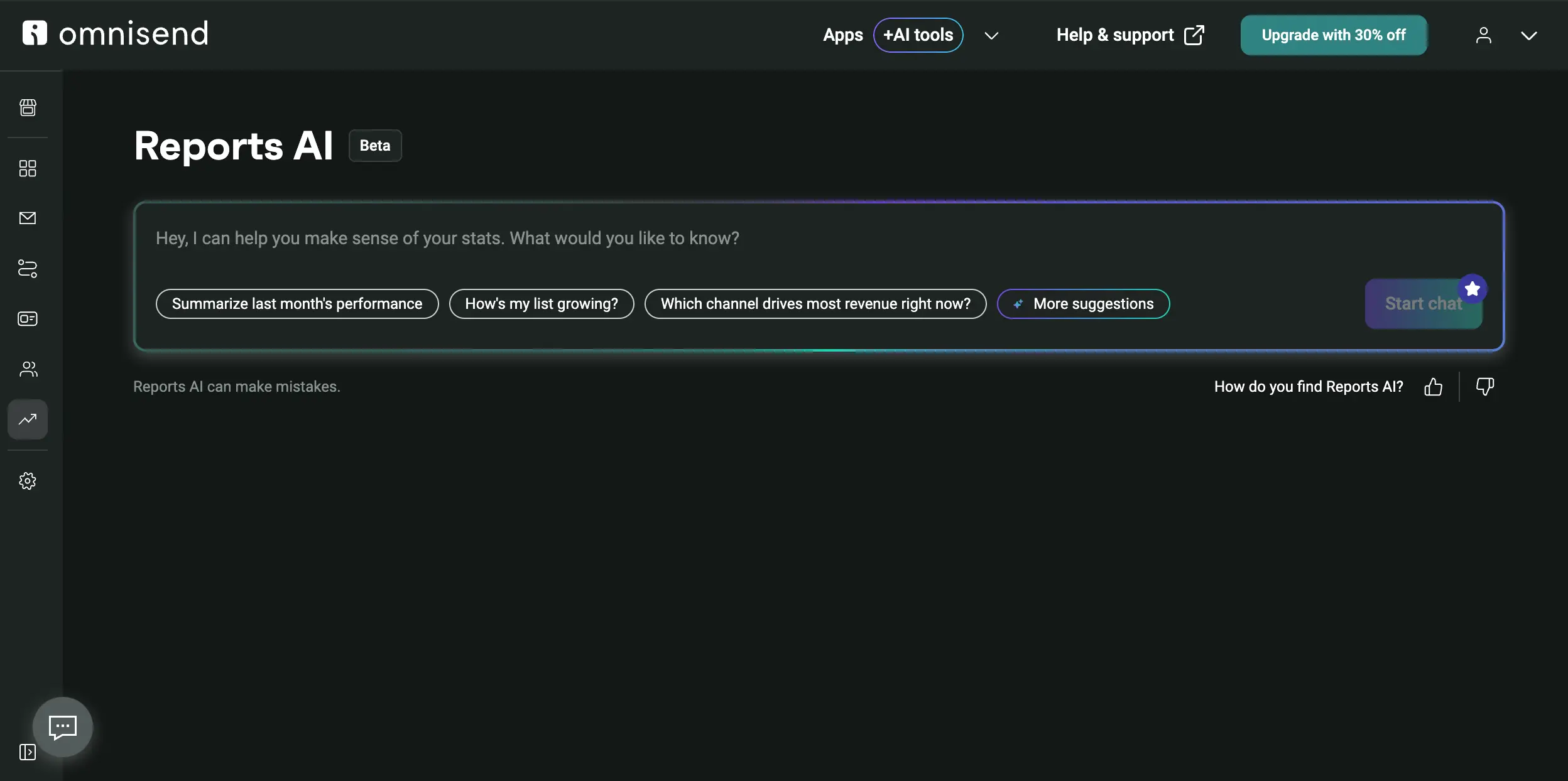 Omnisend Reports AI analytics assistant answering performance questions in plain language