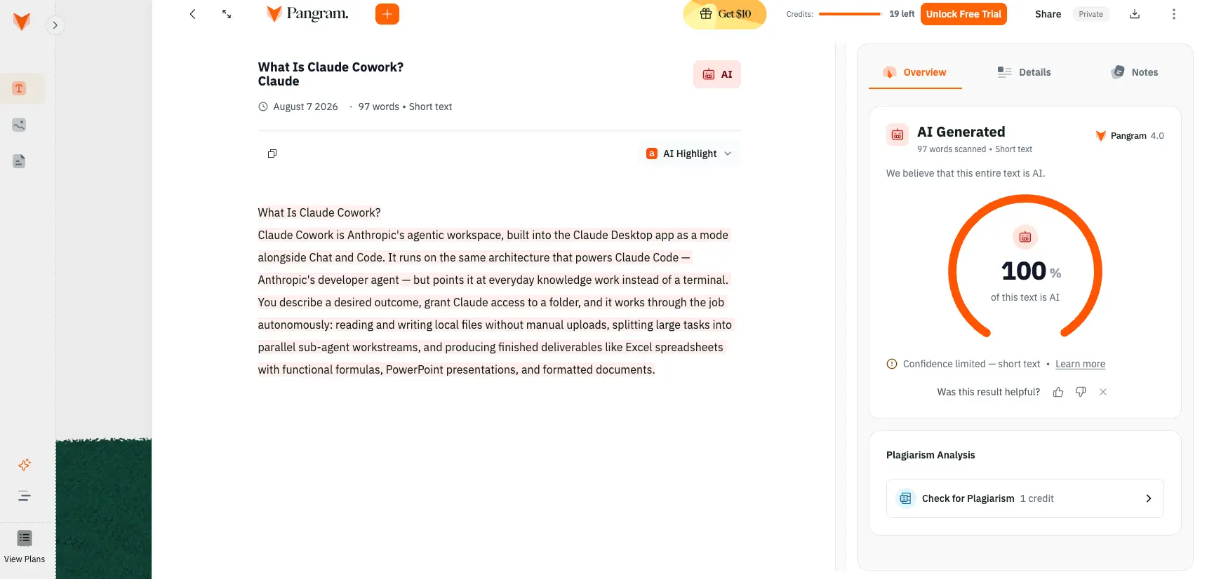 Pangram 4.0 text detection result showing a paragraph flagged as fully AI-generated with AI Highlight view