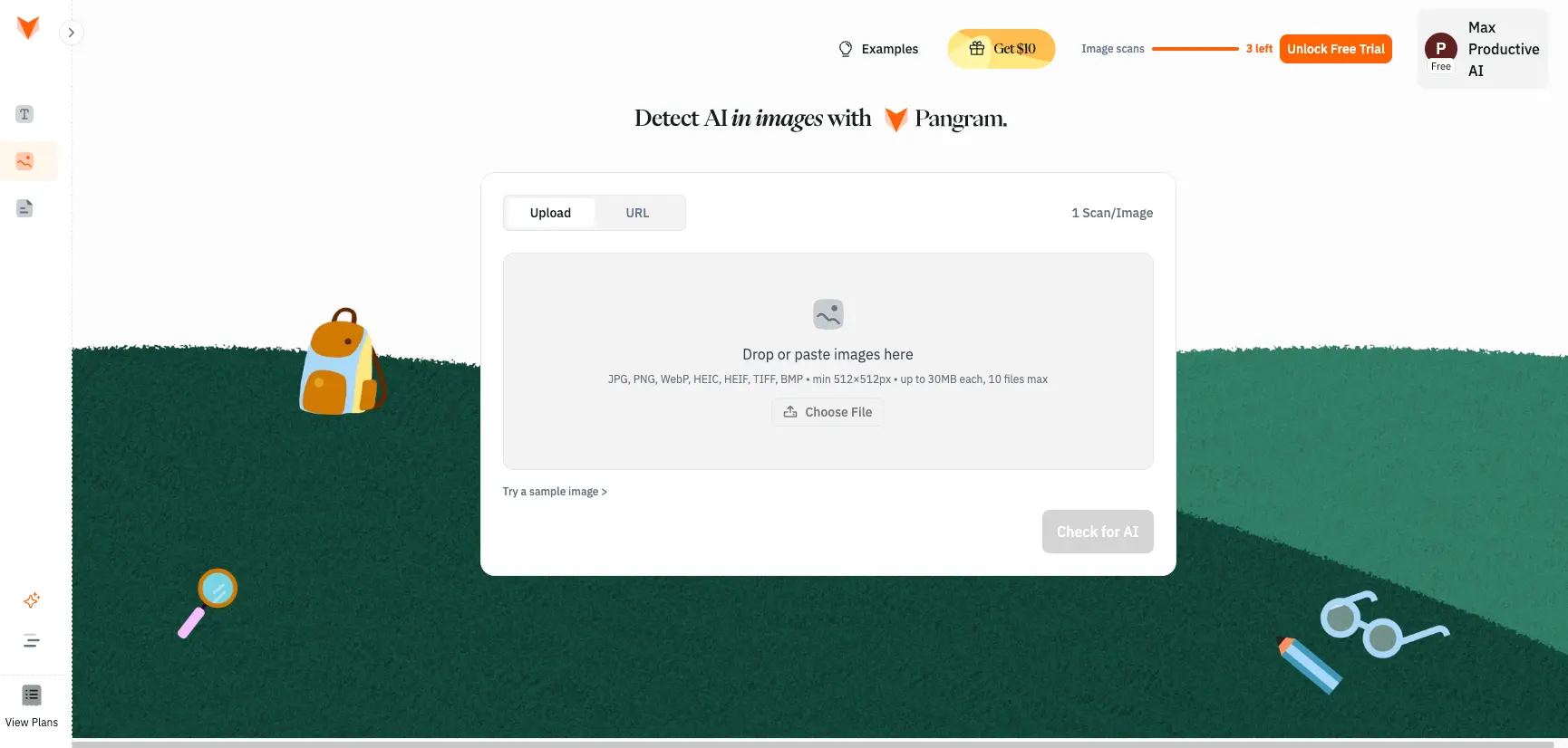 Pangram AI image detection upload tool supporting JPG, PNG, WebP, HEIC, TIFF and BMP files
