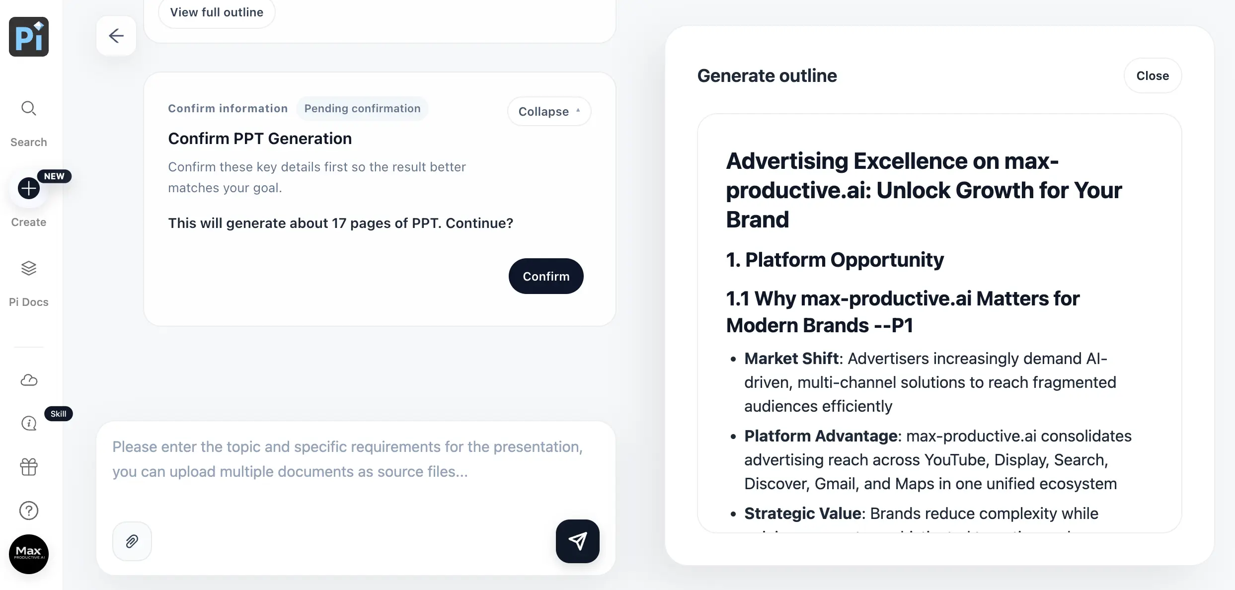 Pi AI presentation maker outline generation with confirmation step and page count estimate