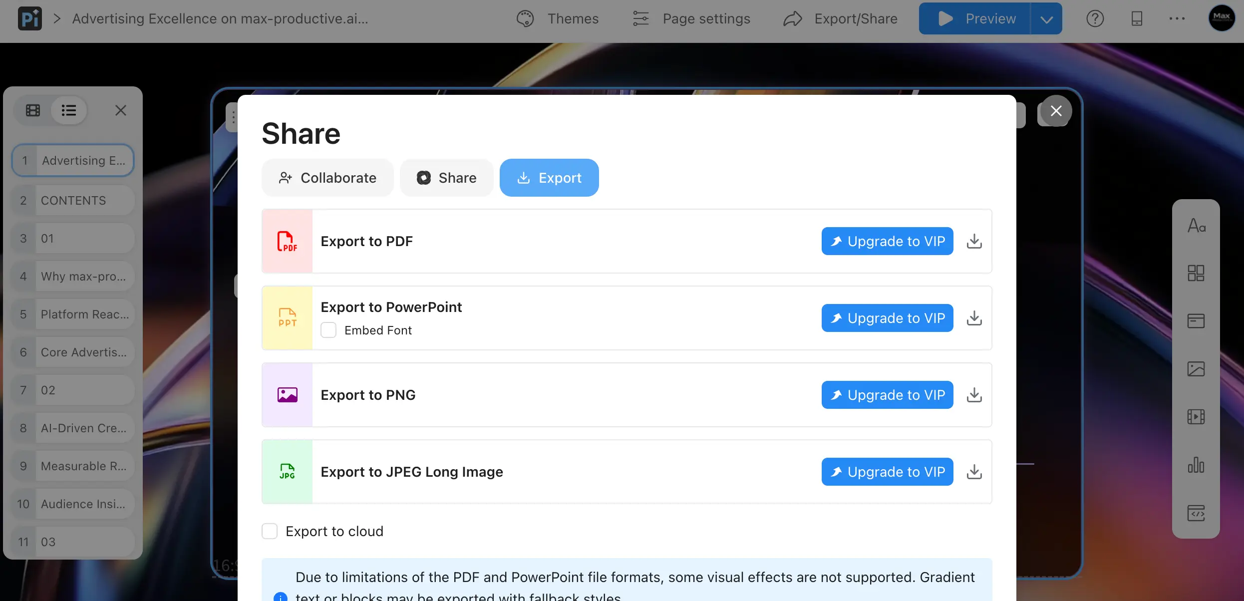 Pi PPT generator export options showing PowerPoint, PDF, PNG, and JPEG export gated behind upgrade