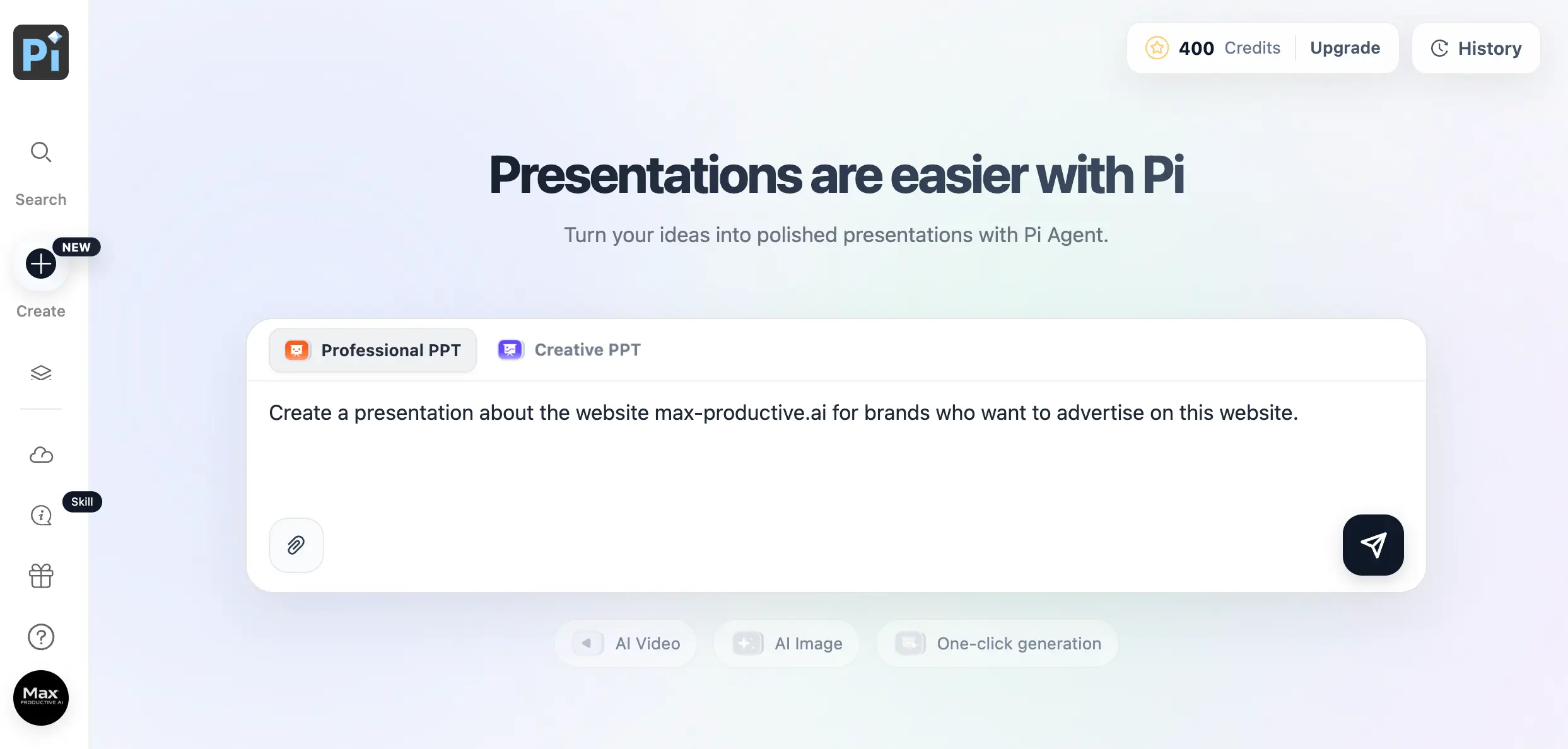 Pi Presentation Intelligence AI PPT generator home screen with Pi Agent prompt box and generation modes