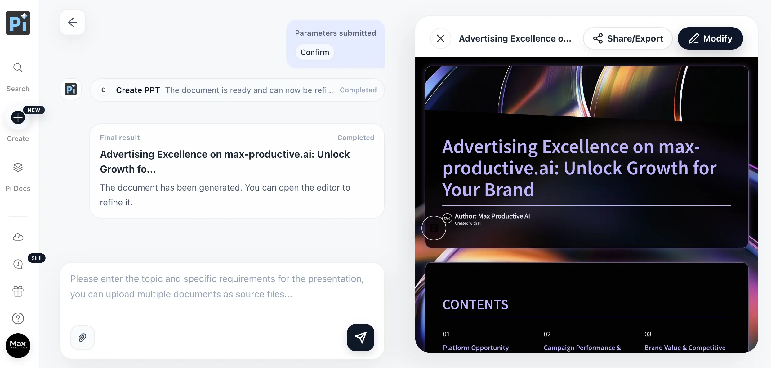 Pi Presentation Intelligence preview and share screen with completed AI-generated deck