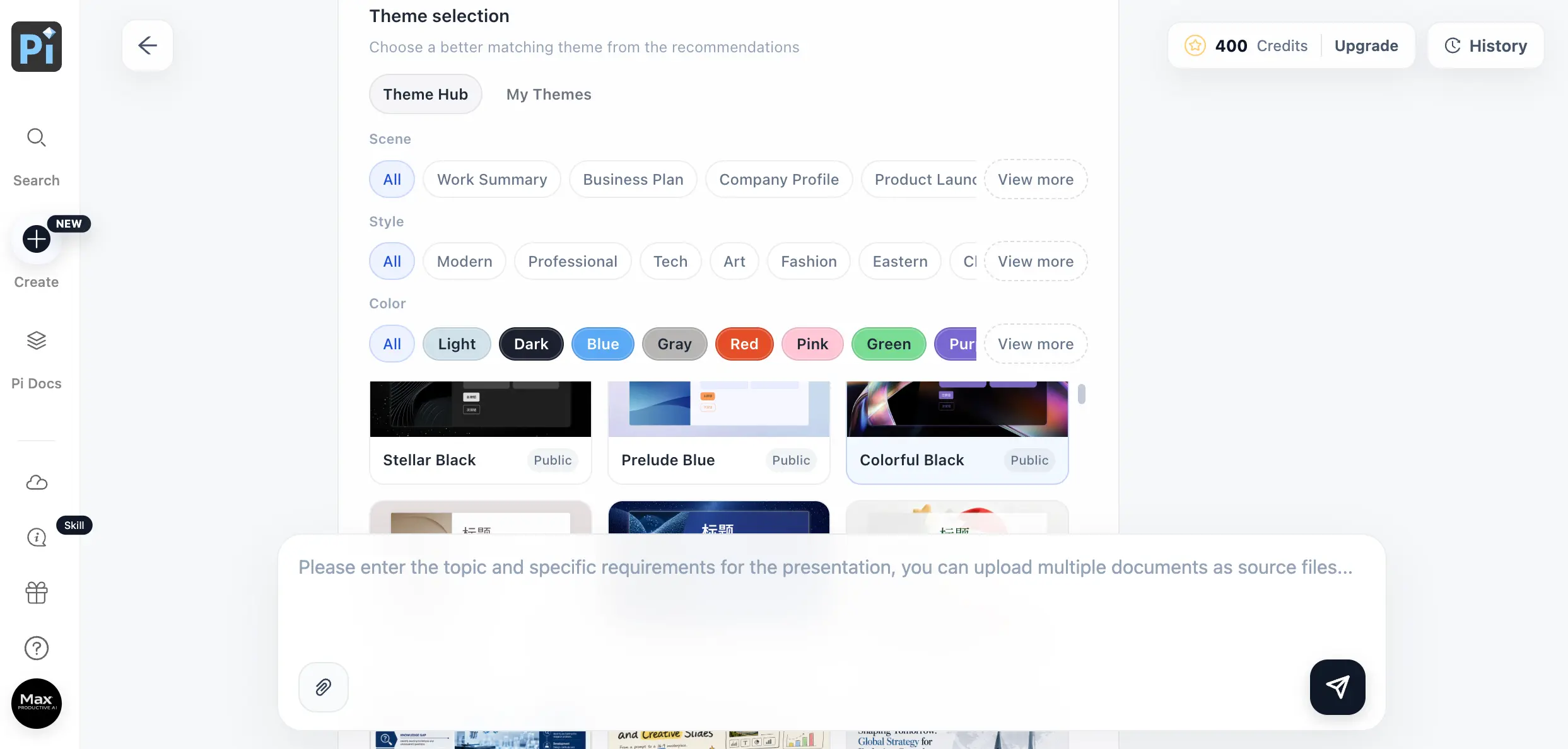 Pi Presentation Intelligence theme selection with Theme Hub filters by scene, style, and color