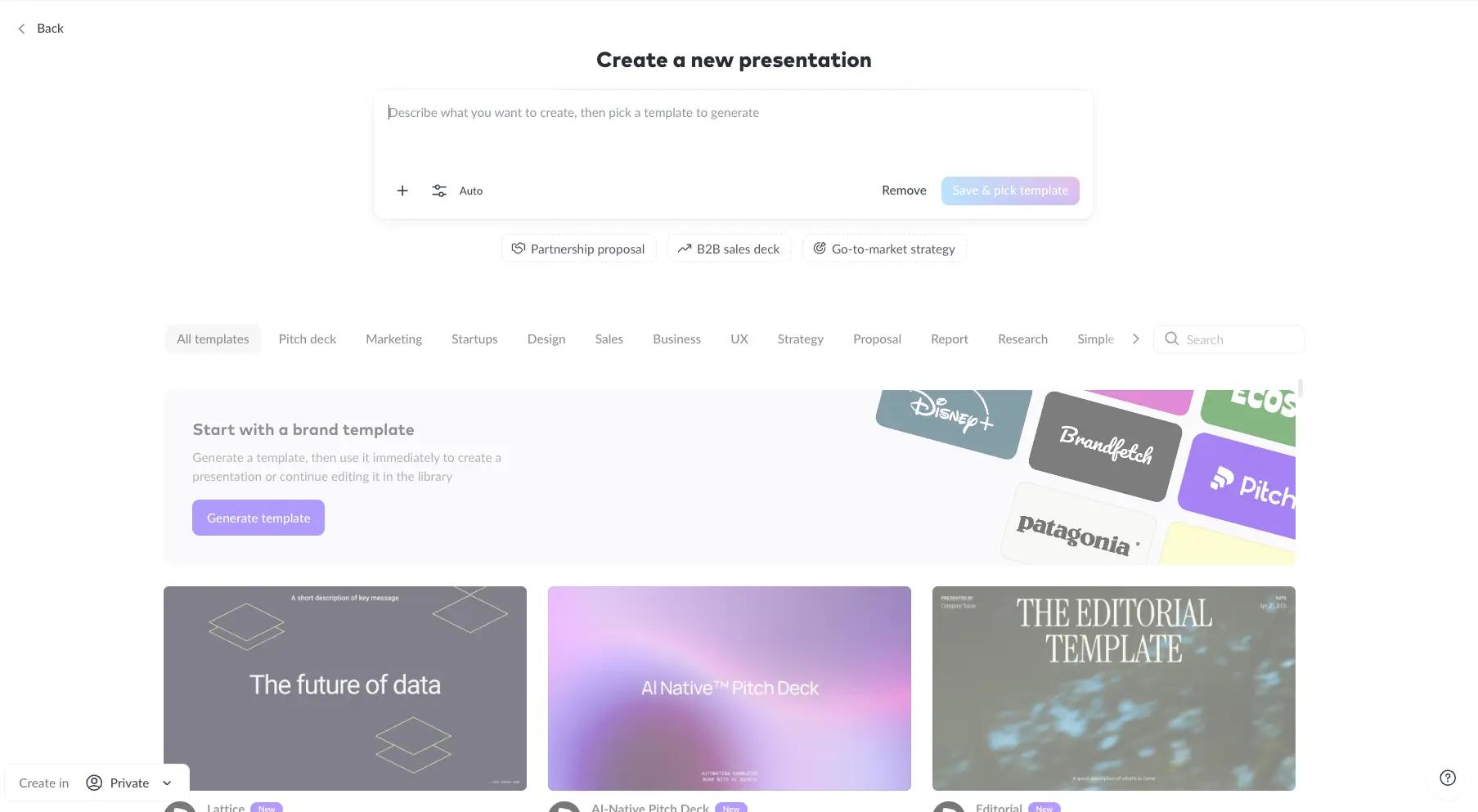 Pitch home screen showing team workspace and deck templates in 2026