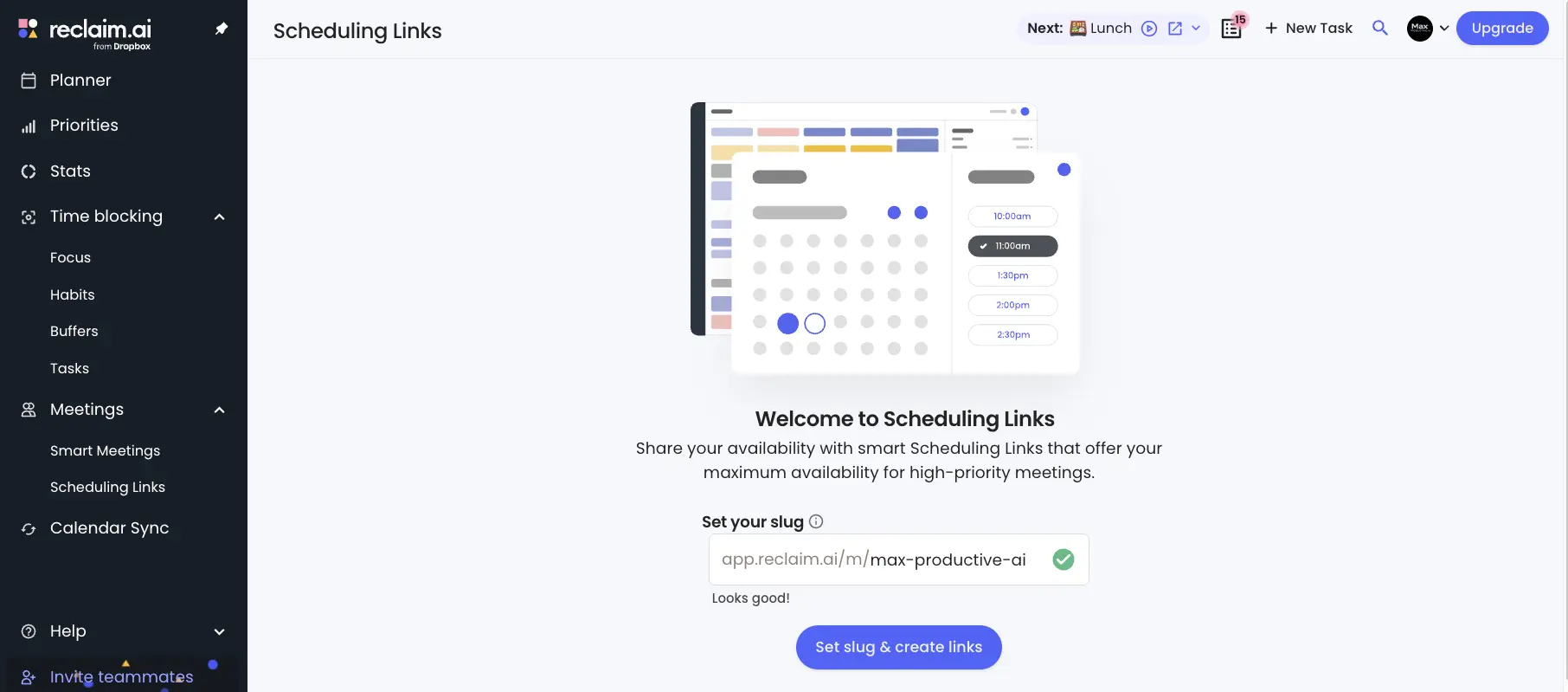 Reclaim AI Scheduling Links setup screen with a custom booking page slug and availability picker