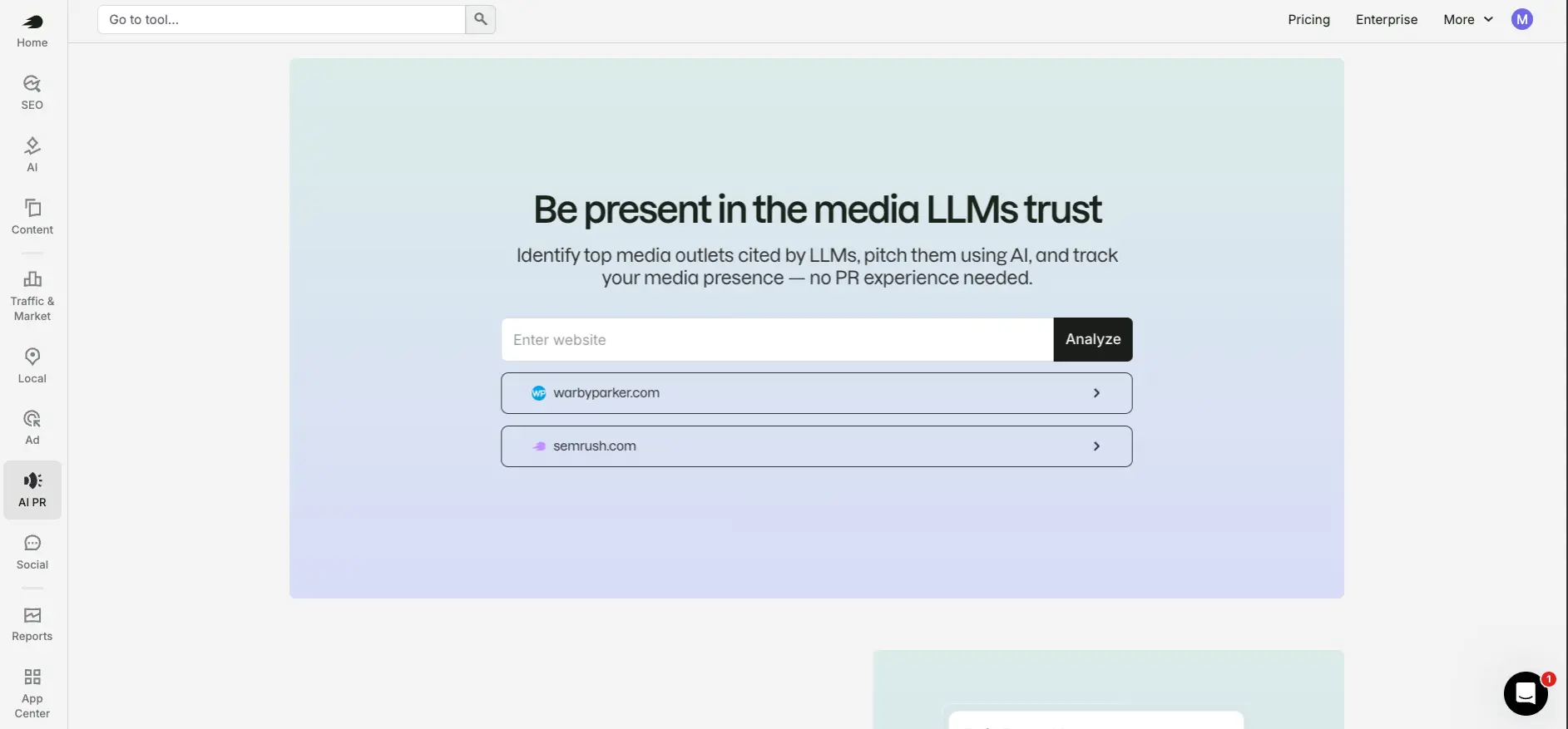 Semrush AI PR tool with the tagline 'Be present in the media LLMs trust' and a website analysis field
