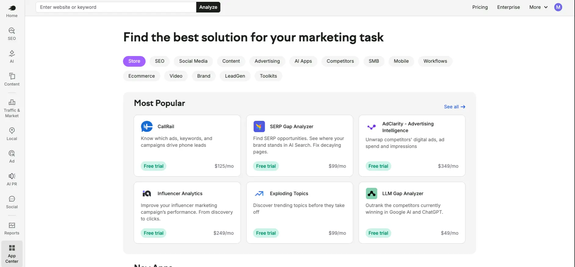 Semrush App Center marketplace showing add-on apps like SERP Gap Analyzer, AdClarity, and LLM Gap Analyzer with their own monthly prices