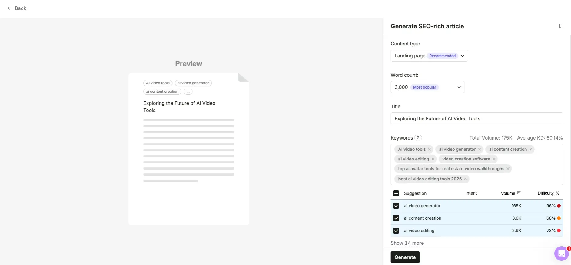 Semrush SEO content generator configured for a landing page with seven target keywords totaling 175K search volume