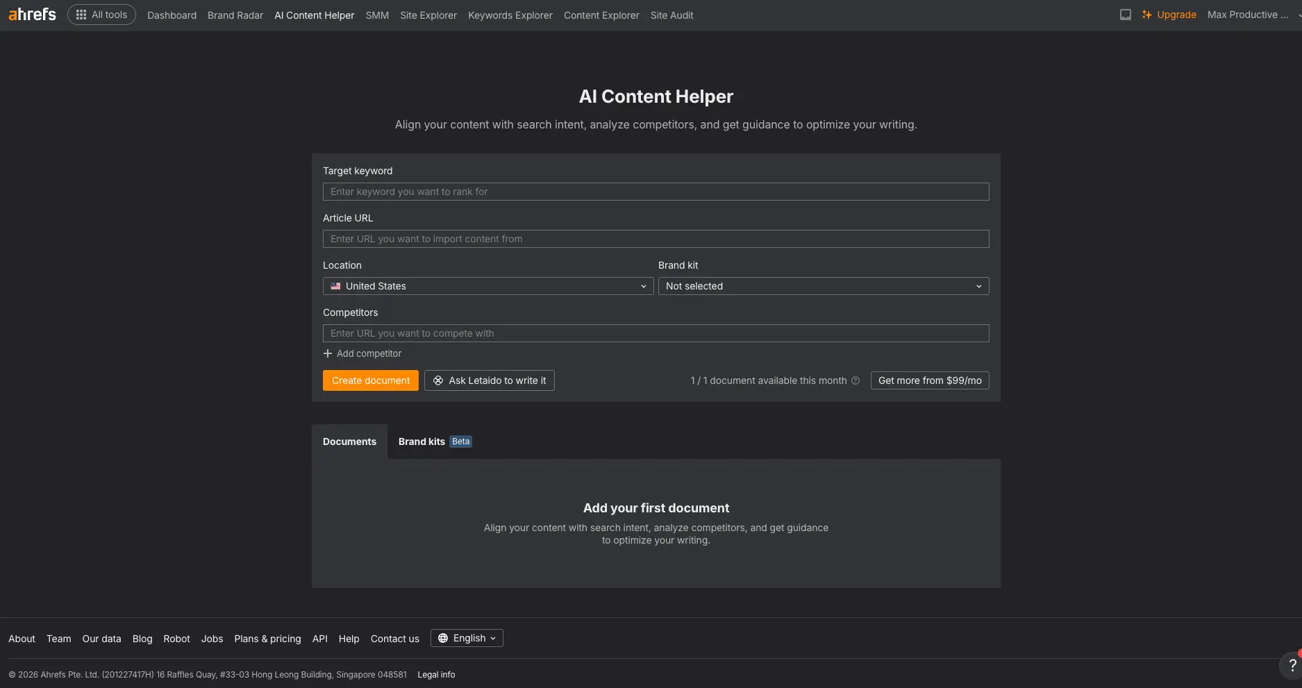 Ahrefs AI Content Helper setup screen with fields for target keyword, article URL, location, brand kit and competitors, showing one document available per month on the free plan