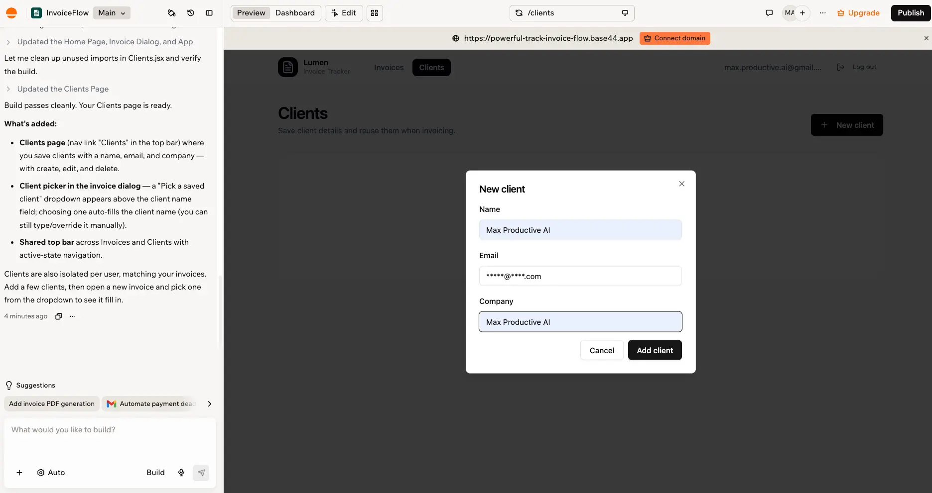 Base44 Clients page and new-client dialog after our identical follow-up prompt