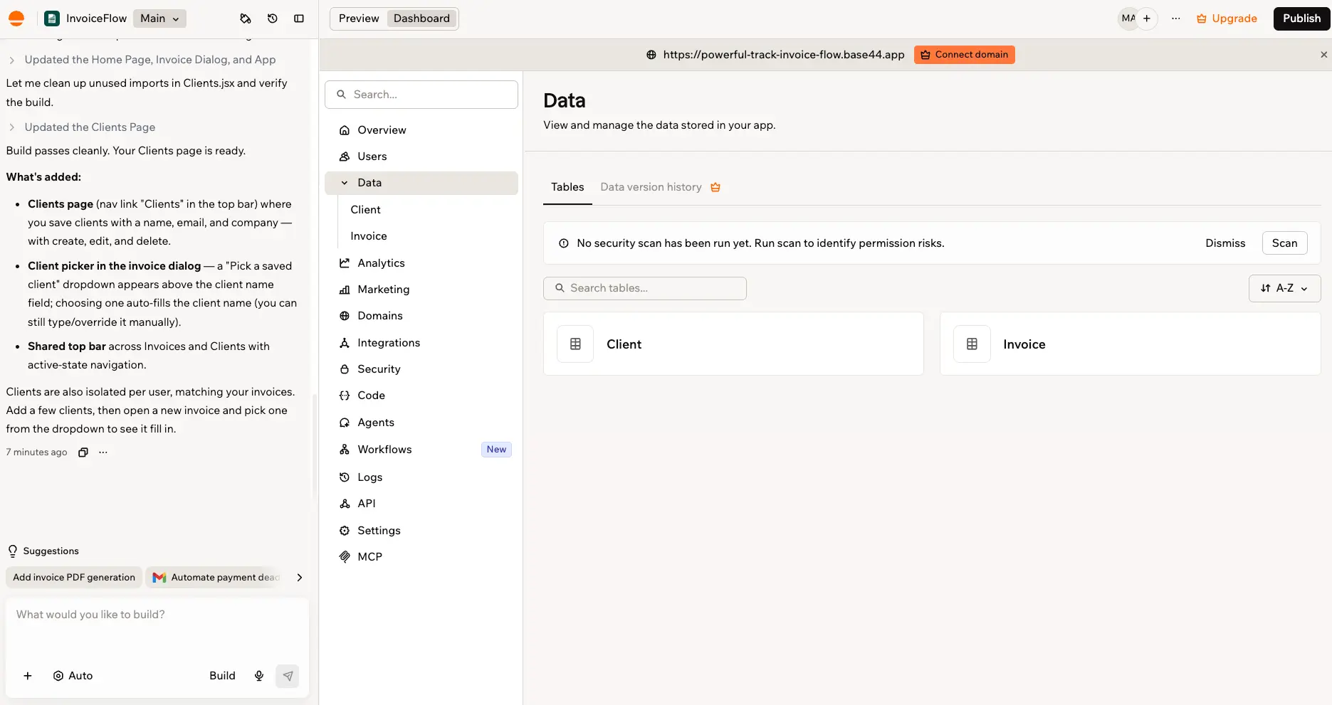 Base44 Data panel showing the Invoice and Client tables created by our test build